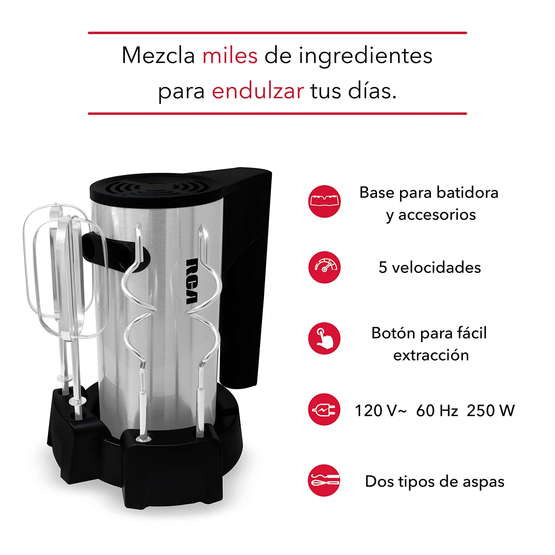 Batidora de Mano RCA, con 5 Velocidades, 2 Tipos de Aspas, Botón de Velocidad Máxima,Fácil Extracción y Limpieza,Accesorios Metálicos Incluuidos,Potente y Versátil para Repostería y Cocina, gris,RC-68