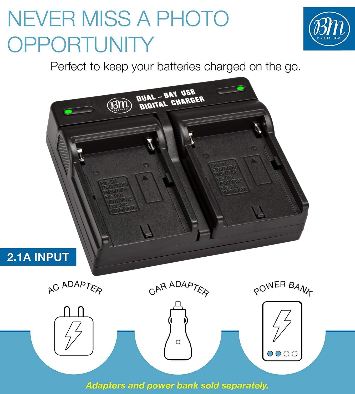 Baterías NP-FM500H y Cargador Dual BM Premium para Cámaras Sony Alpha a68 a77II SLT-A57 A58 A65V A77V A99V A100 A200 A300 A350 A450 A500 A550 A560 A580 A700 A850 SLT-A900 DSLR