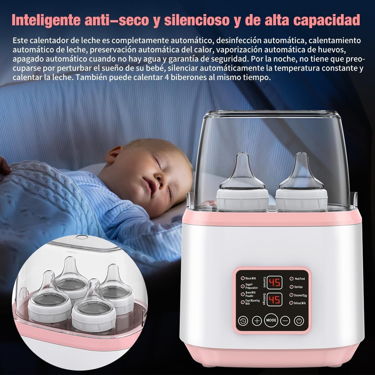 Calentador de Biberones, Esterilizador de Biberones Multifuncional 9 en 1, Calienta Biberon para Bebe Portátil, Apto para 4 Biberones, Pantalla LCD Control Preciso de Temperatura, Modo Constante de 24H