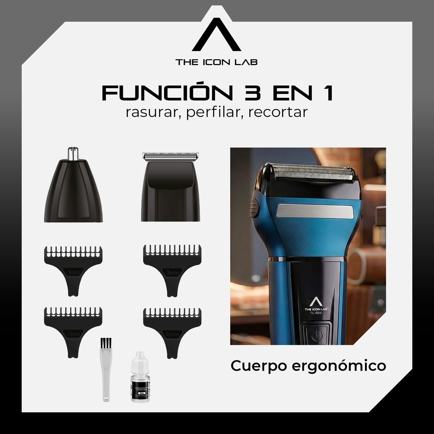 THE ICON LAB | Kit de Afeitado Inalámbrico | Pantalla LCD | Motor 6 800 RPM | Red de Cuchillas Flotantes + 3 en 1 | Resistente al Agua | 80 Min de Uso | Recargable USB | Regalos para Hombre
