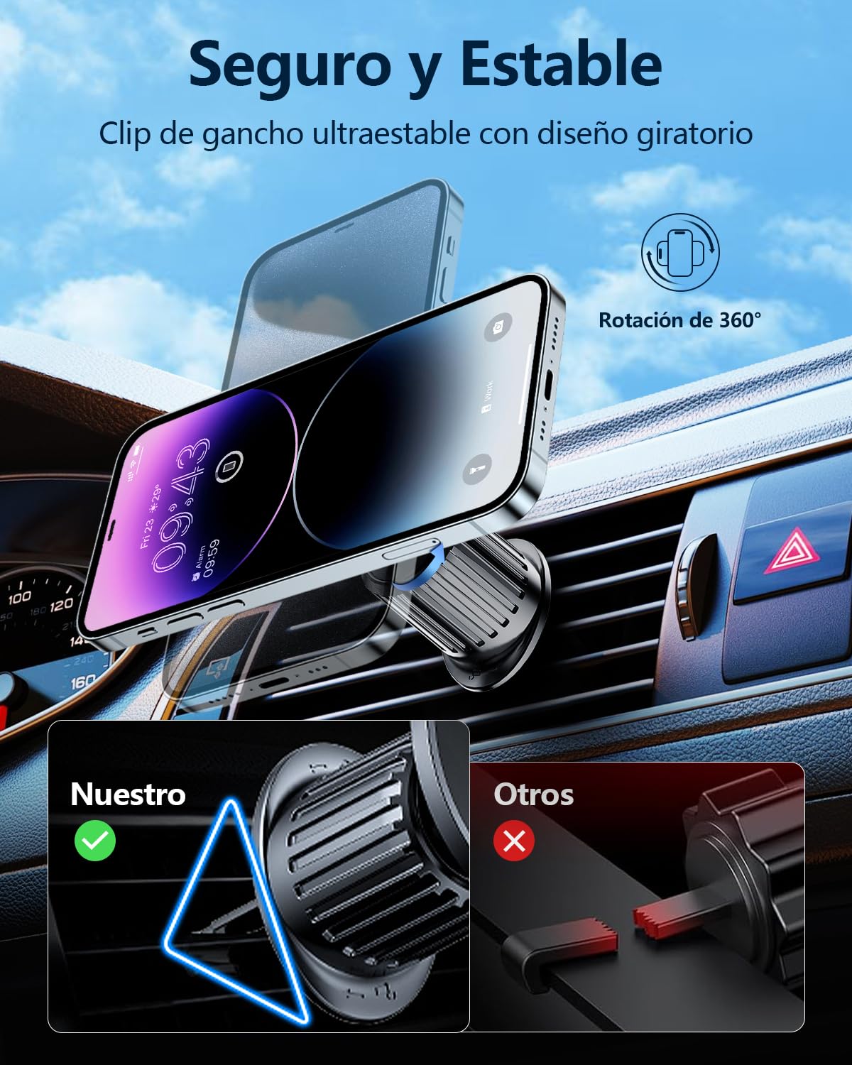 BYASKZIV Soporte para Celular Automovil 3 en 1, Magnético Porta Celular para Auto con Gancho y Ventosa para Rejilla o Parabrisas, para iPhone 15/14/13 Pro MAX, Huawei, Motorola, Xiaomi 14 Ultra
