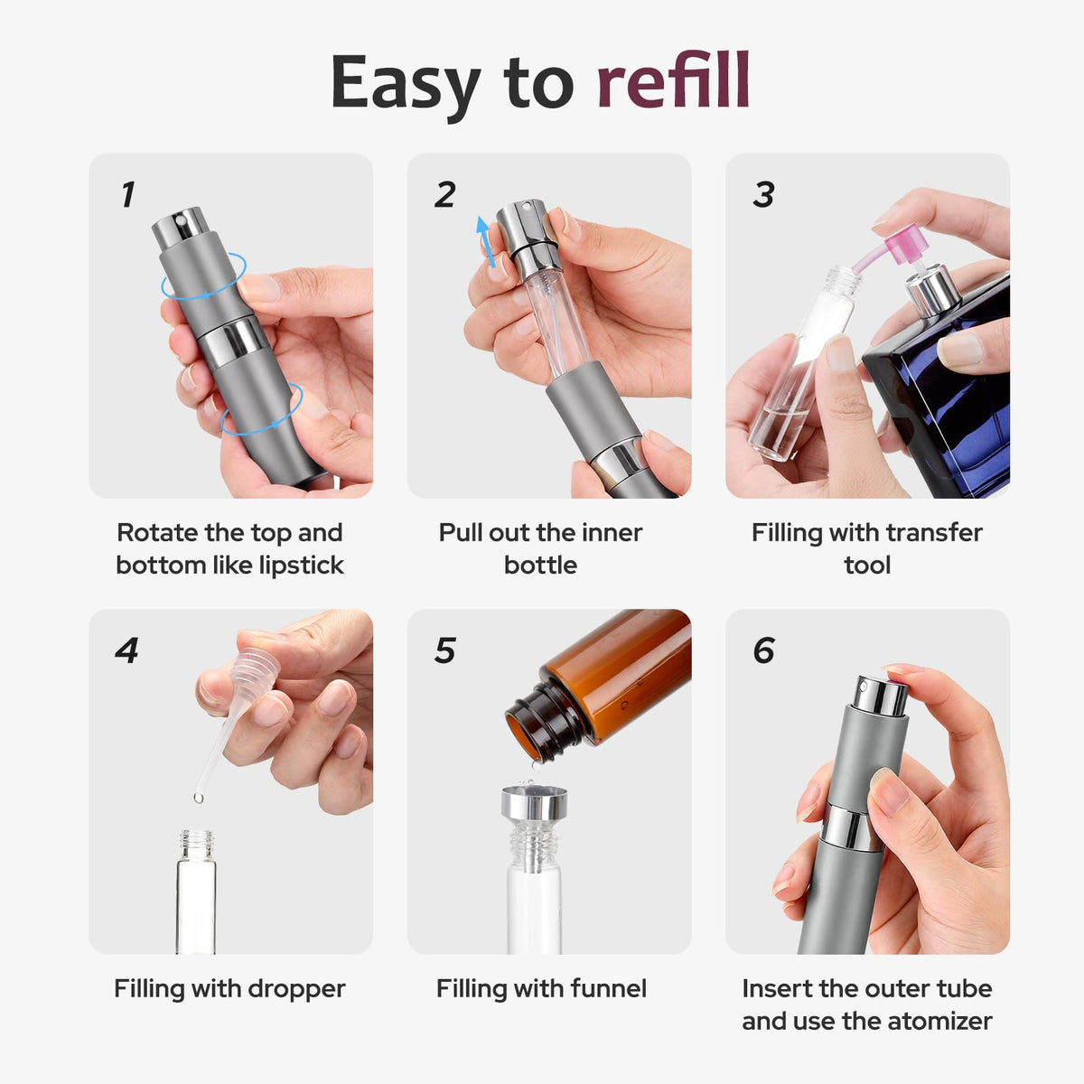 LISAPACK Botella atomizadora de perfume de 8 ml para viajes, dispensador de colonia recargable vacía, pulverizador portátil (gris)