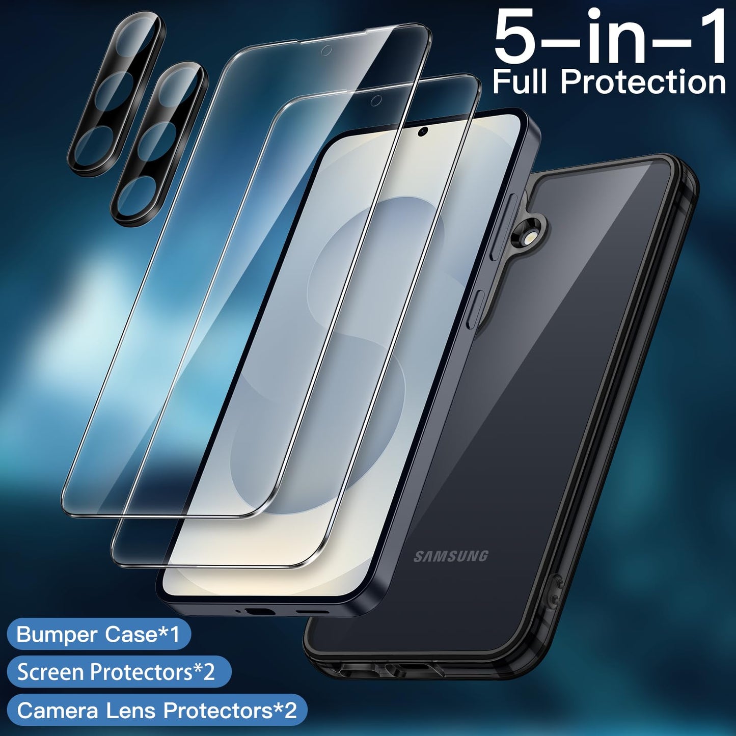 JETech 5 en 1 Funda para Samsung Galaxy S25+ / S25 Plus 5G con 2 Protector Pantalla Mica Cristal Vidrio Templado y 2 Protector Lente Cámara, Carcasa Anti-Amarillo Antigolpes (Negro)