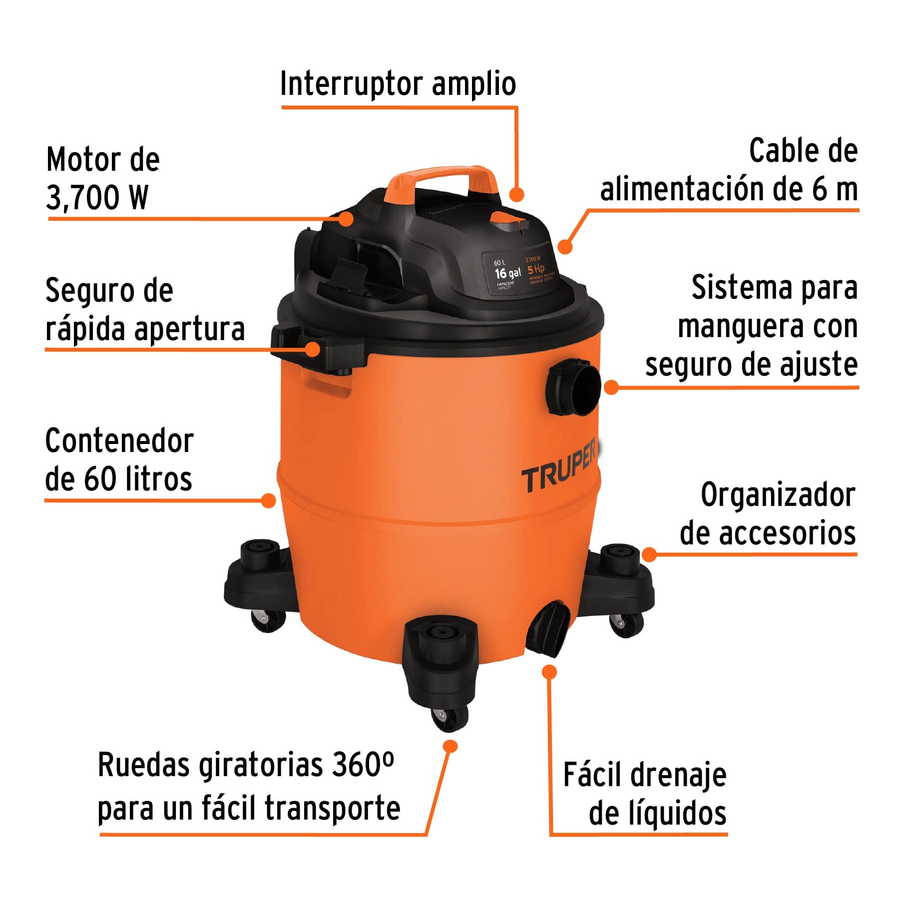 Aspiradora Truper ASP-16 plástica de sólidos y líquidos 16 GAL
