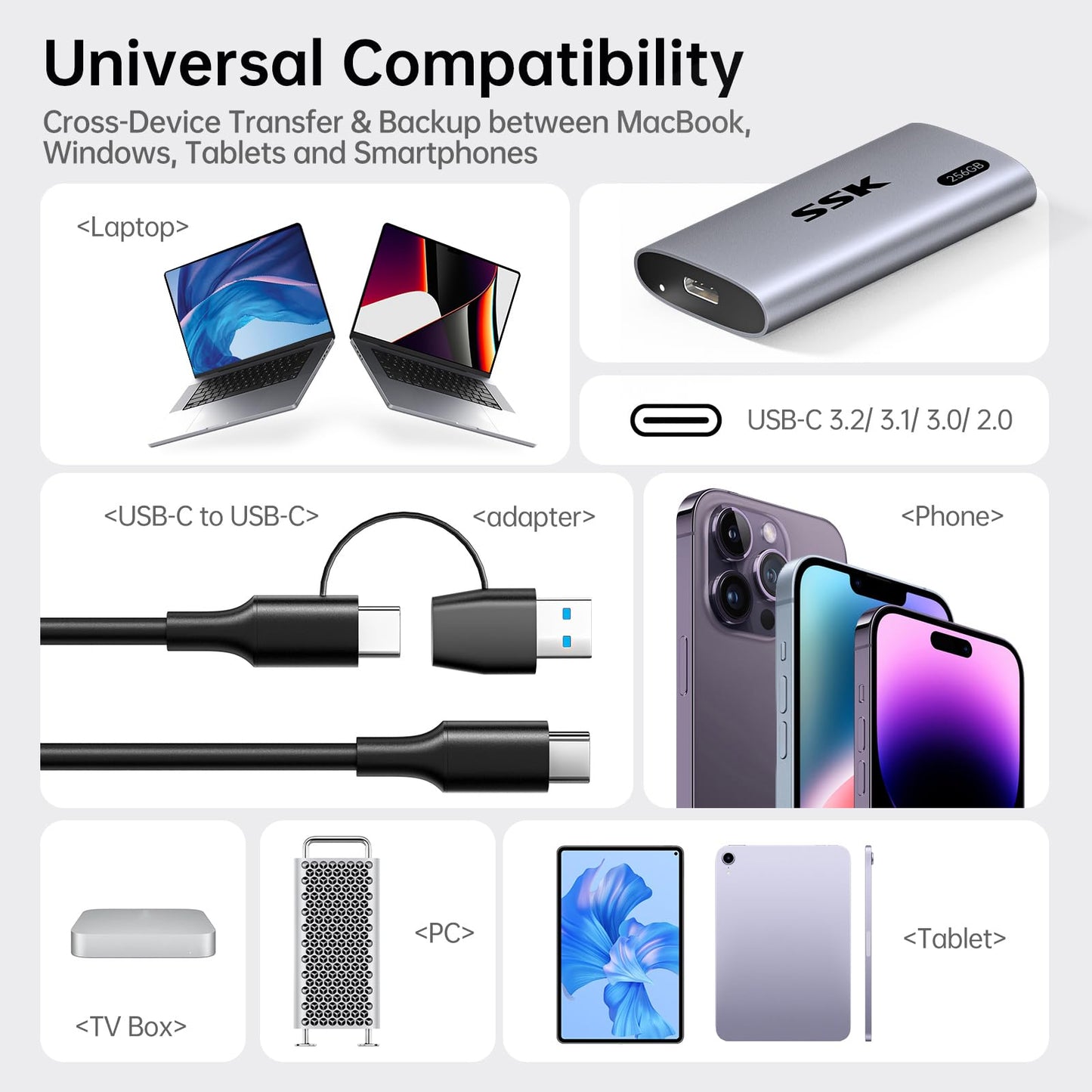 Disco Duro Externo SSK Negro SSD de 256 GB con Luz LED para iPhone 15/Pro, Windows, Mac y Android