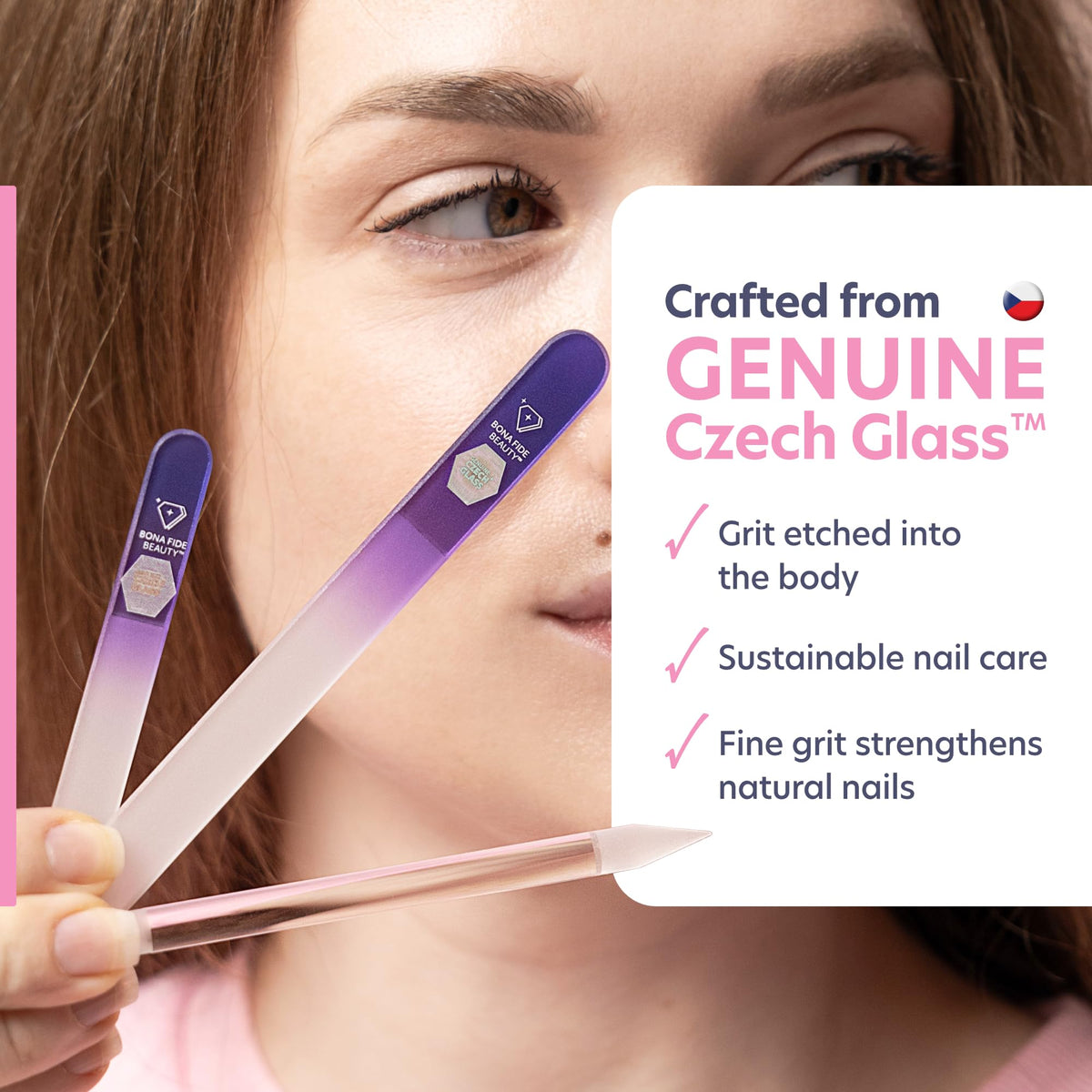 Bona Fide Beauty Crystal Nail Files - 3 Piece Violet Genuine Czech Glass Nail Files with Cases - Best Nail Files for Nail Care & Nail Art - Great Manicure & Pedicure Glass Fingernail Files