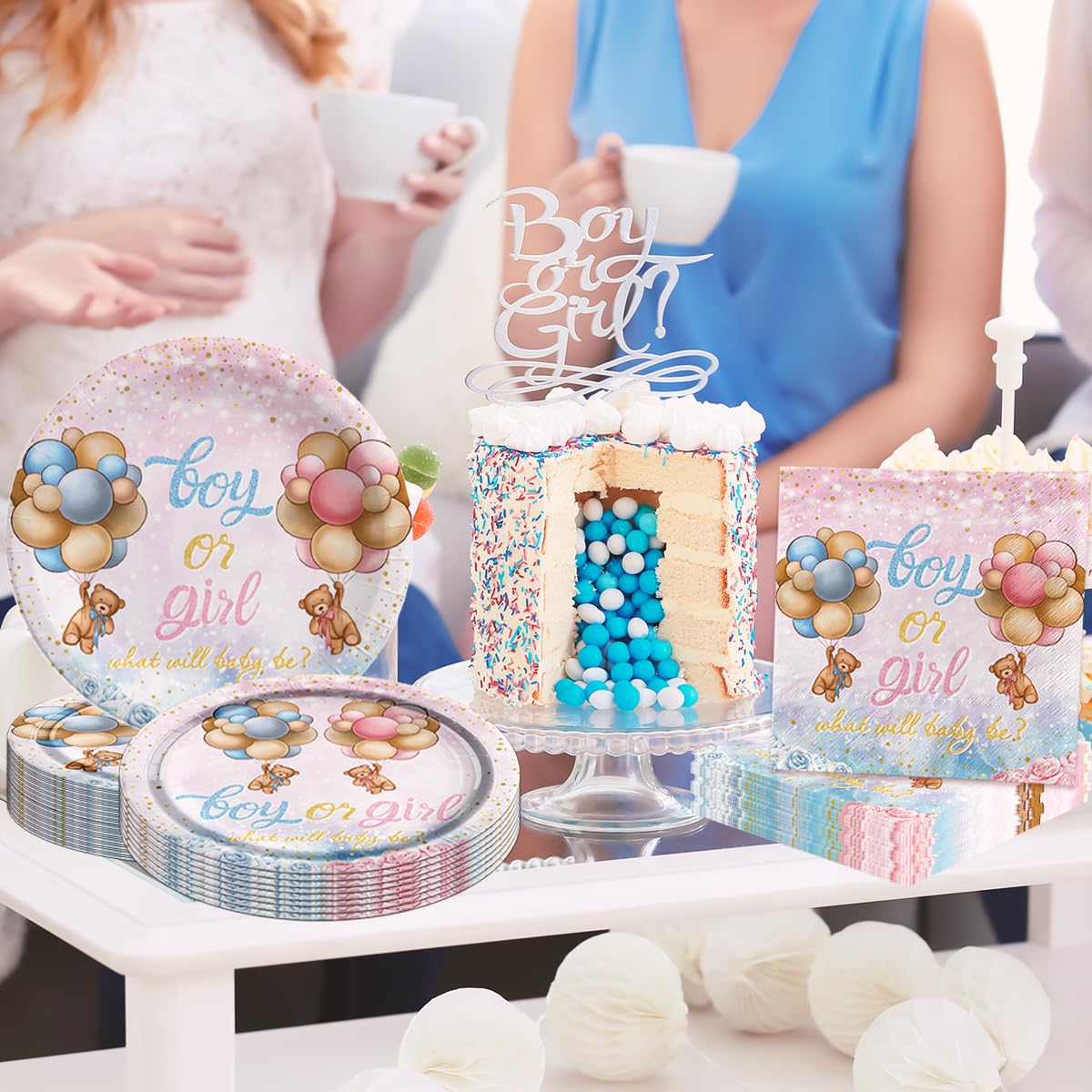Decoración de revelación de género de oso - Vajilla de revelación de género de oso rosa y azul, suministros de servilletas, platos y servilletas para decoración de baby shower para 20 invitados