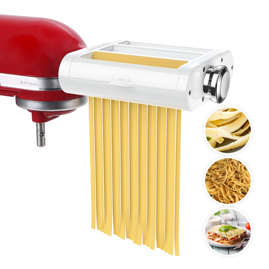 Antree Juego 3 en 1 para batidoras KitchenAid incluye rodillo de hoja de pasta, cortador de espaguetis, accesorios para cortador de fettuccine y cepillo para polvo de limpieza