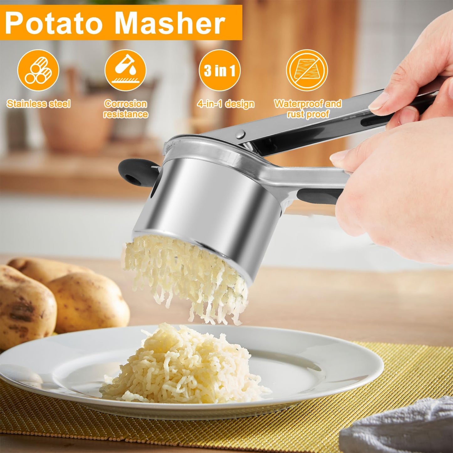 Kzings Aplastador de Papas Acero Inoxidable, con 4 Discos Intercambiables, Mango Ergonómico, Picador De Papas Y Frutas,Para Cocina En Casa