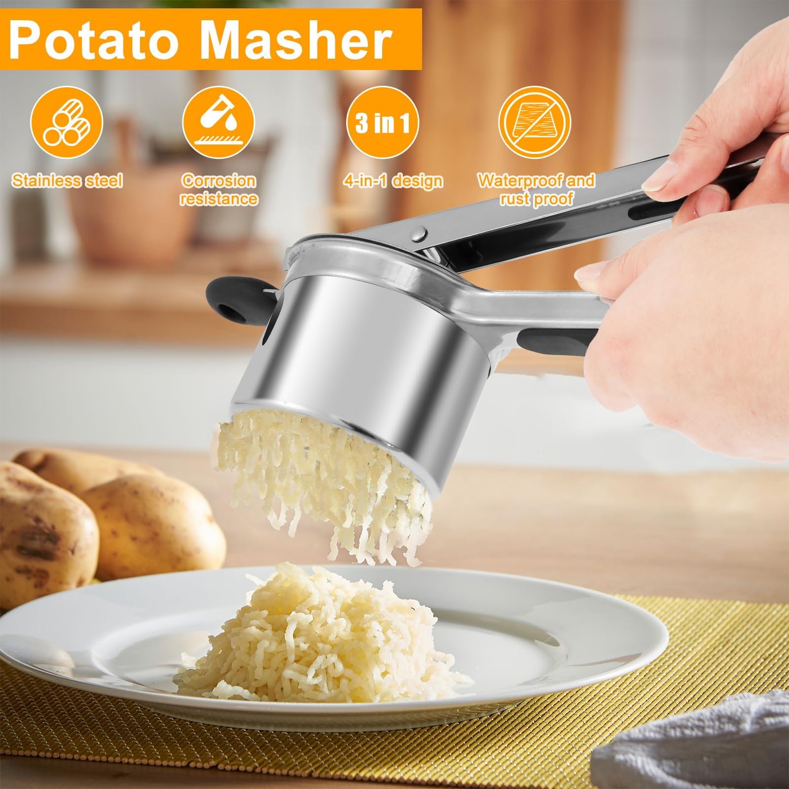 Kzings Aplastador de Papas Acero Inoxidable, con 4 Discos Intercambiables, Mango Ergonómico, Picador De Papas Y Frutas,Para Cocina En Casa