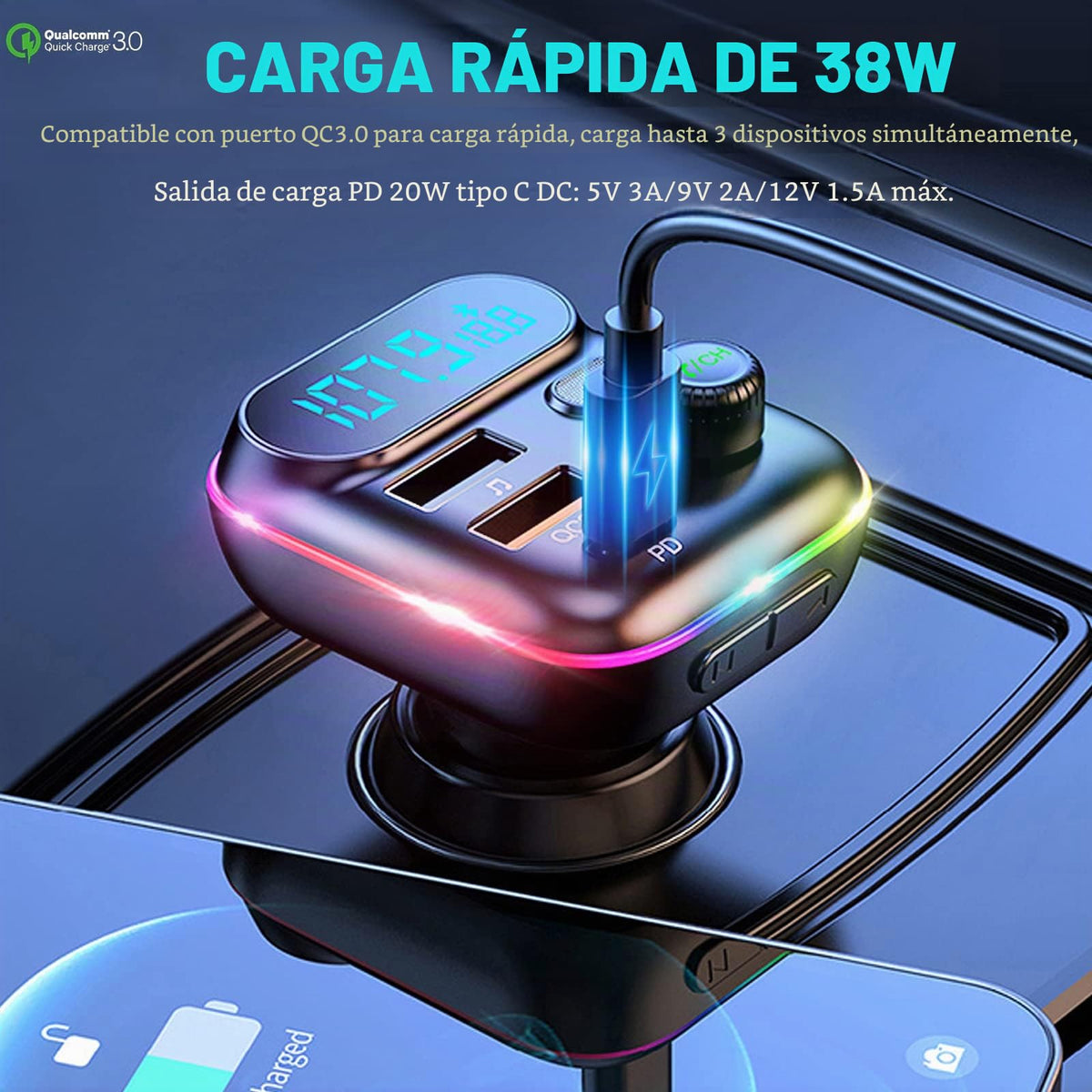 Transmisor FM Bluetooth 5.0 para Coche con Puertos USB Duales y Cargador Rápido PD+QC3.0, Micrófono Mejorado