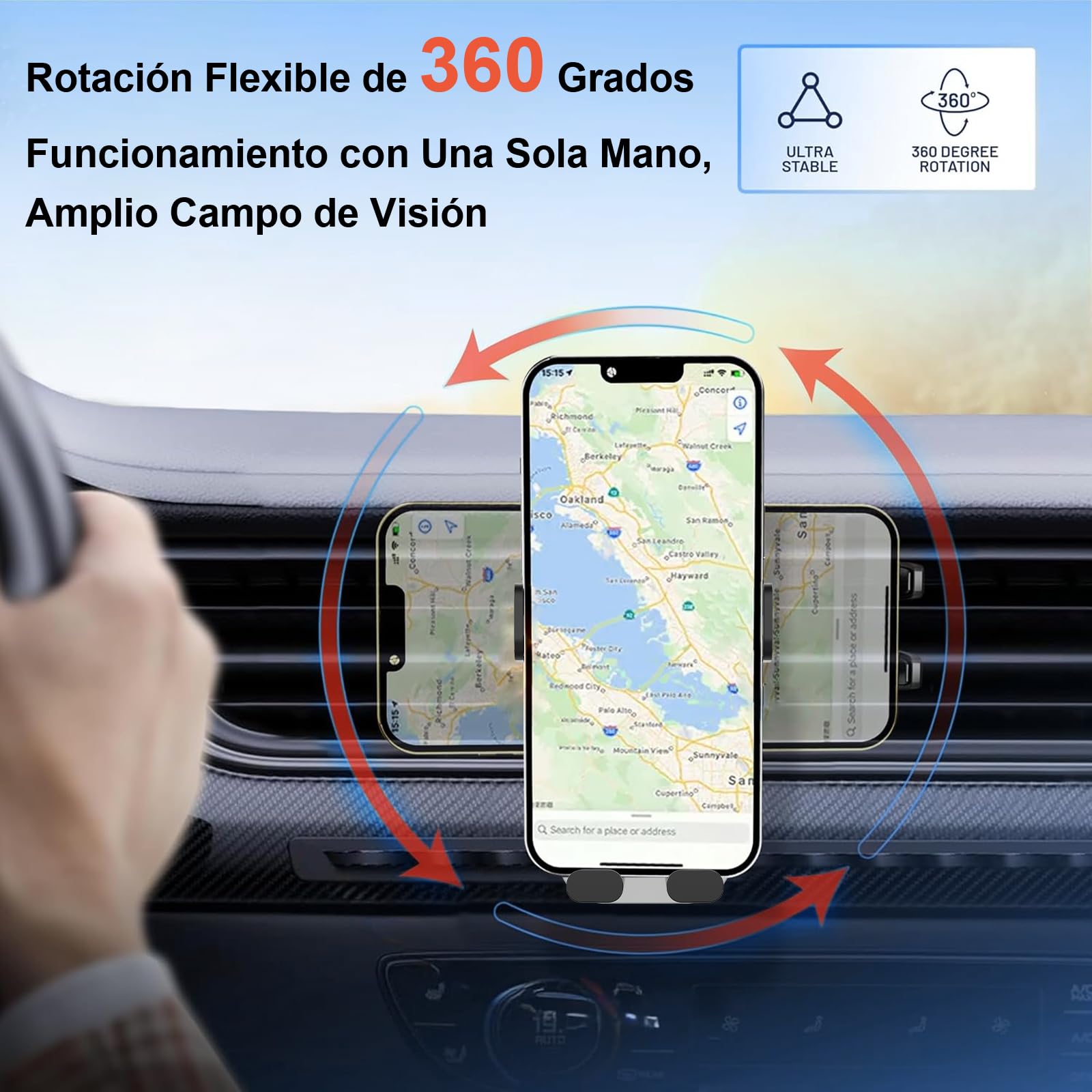 Keakitay Soporte para Celular Automóvil, Porta Celular para Auto con Gancho Metálico, Rotación 360º, Soporte Celular Auto para ventilas del Carro, Universal Todos los Celular de 4.0''-7.2'', Negro