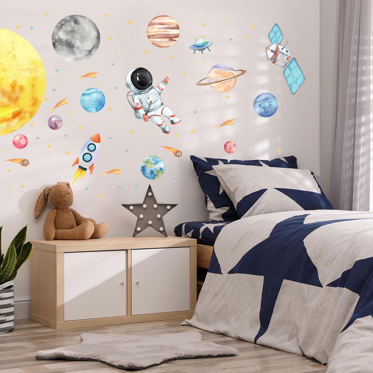 HJKlove Pegatinas de pared de astronauta espacial - Calcomanías de sistema solar acuarela para decoración de habitación de bebé niño o niña, planeta, astronauta, calcomanías de cohete espacial