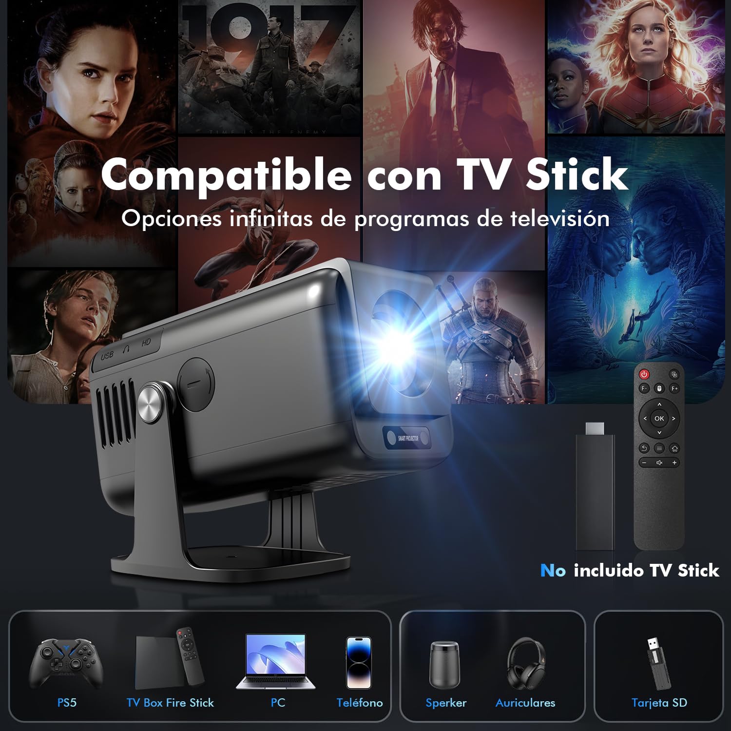 Proyector Portátil 4K Enfoque Eléctrico con Android 13 Bluetooth WiFi6 para iOS, Android, PC, TV Stick