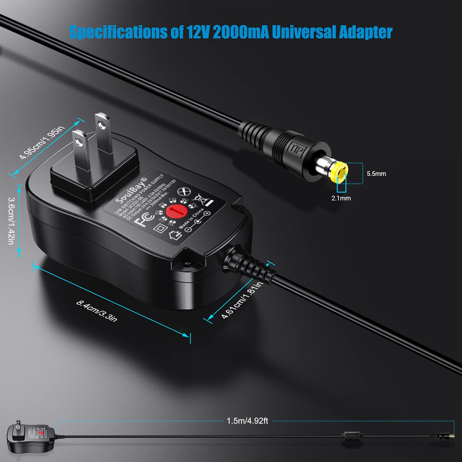 Adaptador AC/DC Universal SoulBay Negro Versión Mejorada Regulable Multi-Voltaje con 8 Conectores Seleccionables para Electrónica Doméstica de 3V a 12V 2 Amperios Máx.