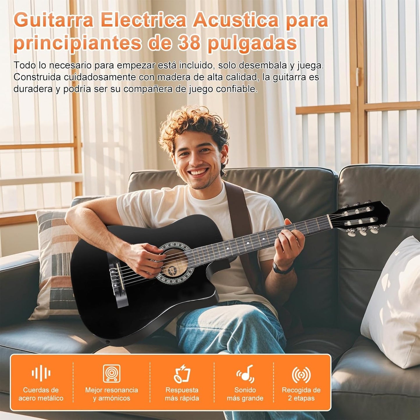 Guitarra Electrica Acustica 38", 6 Cuerdas de Metal, Cuerpo de Madera de Tilo, con Ecualizador de 4 Bandas, Incluye Funda, Afinador, Cuerdas de Repuesto y Más, Adecuada para Expertos y Principiantes