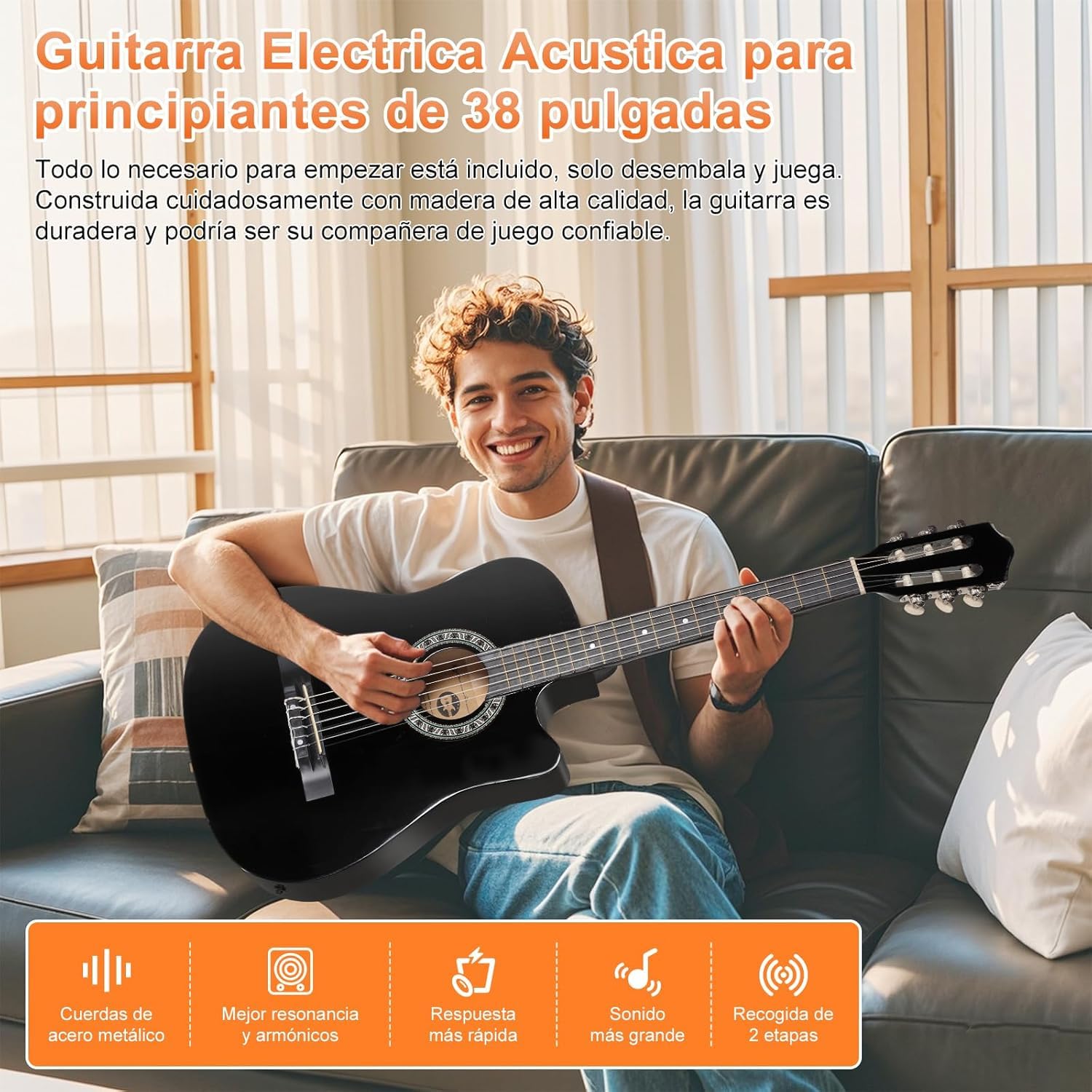 Guitarra Electrica Acustica 38", 6 Cuerdas de Metal, Cuerpo de Madera de Tilo, con Ecualizador de 4 Bandas, Incluye Funda, Afinador, Cuerdas de Repuesto y Más, Adecuada para Expertos y Principiantes