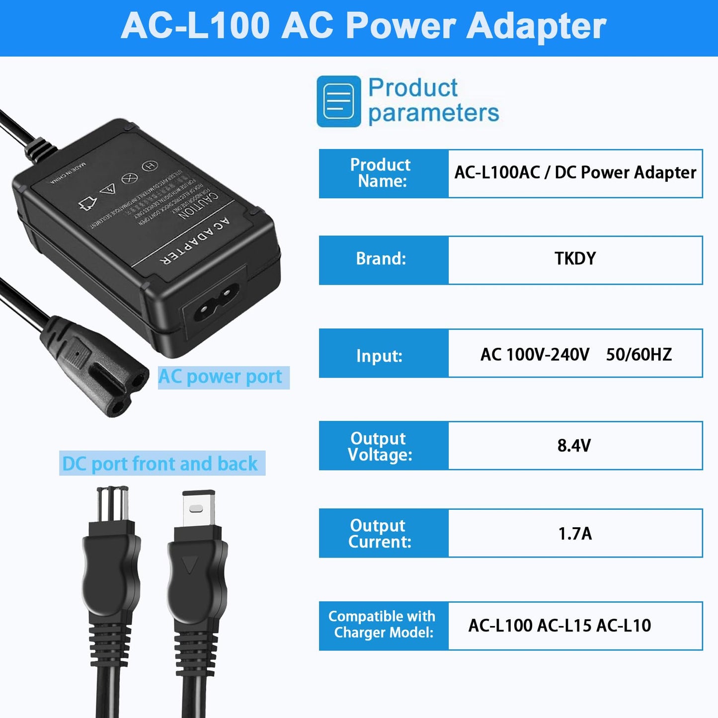 TKDY AC-L100 para Sony Handycam Cargador de cable de reemplazo AC-L10A L10B L15A L15B L100A L100B L100C Adaptador de CA, compatible con Sony Hi8 CCD-TRV128 TRV103 TRV130 TRV150 TRV108 TRV308, etc.
