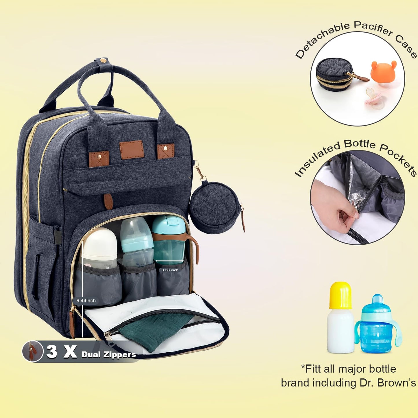 BOSI BOZI ECO OUVERTURE BosiBozi - Mochila para pañales con estación cambiante, impermeable y resistente al polvo para mamá, elegante bolsa de pañales de viaje con puerto de carga USB y mosquitero,