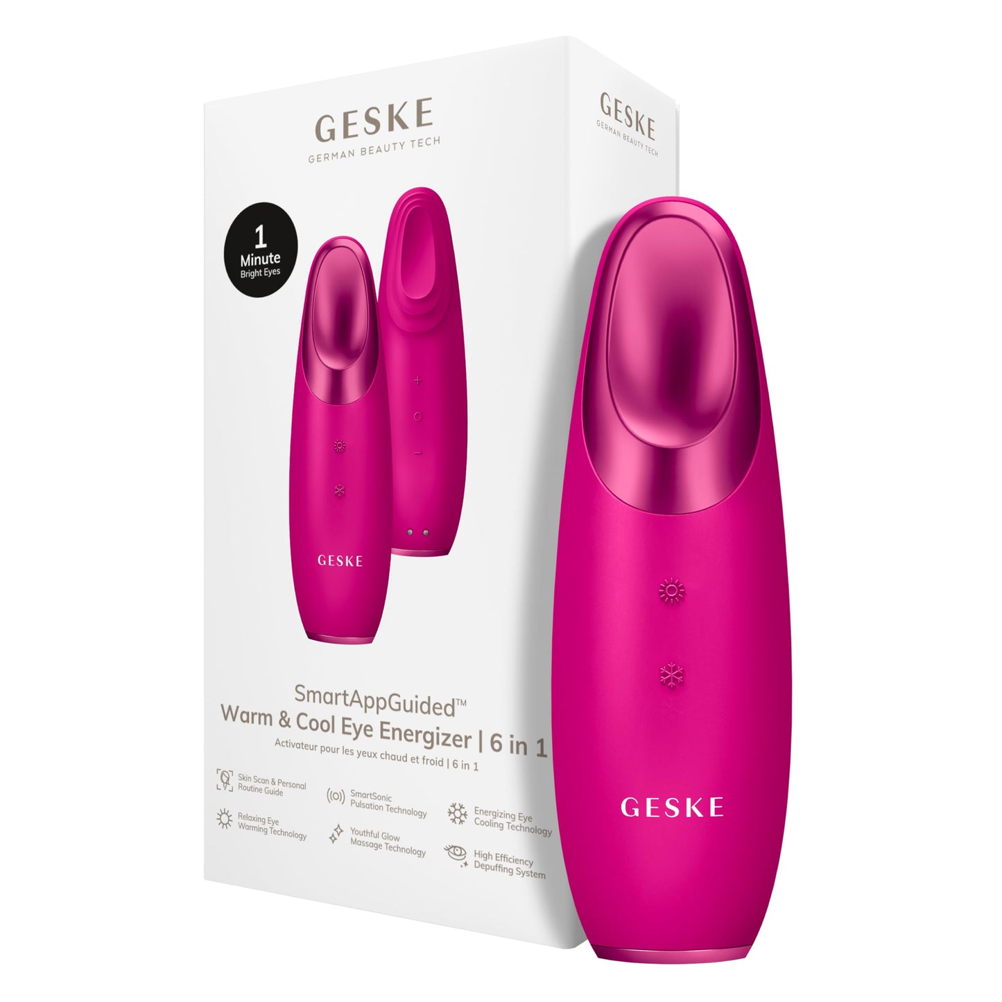 GESKE | SmartAppGuided™ Warm & Cool Eye Energizer | 6 en 1 | Masajeador de ojos | Masajeador anti ojeras | Eliminar bolsas y párpados caídos | Masaje ocular eléctrico