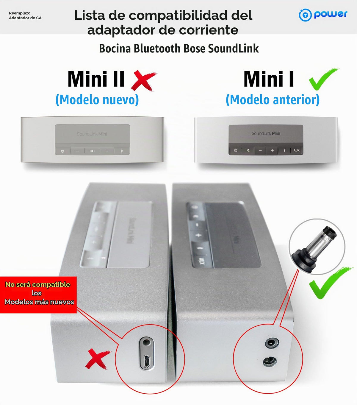 Adaptador T-Power para Cargador Bose Companion 2 Series II Negro Repuesto