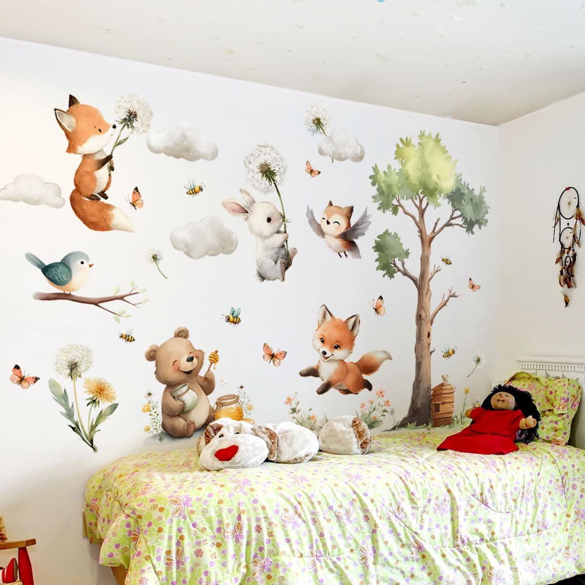 Calcomanías de pared de animales, lindas calcomanías para guardería, animales osos, flores, mariposas, pájaros, nubes, árboles, pelar y pegar, calcomanías de pared, guardería, recámara, sala de estar