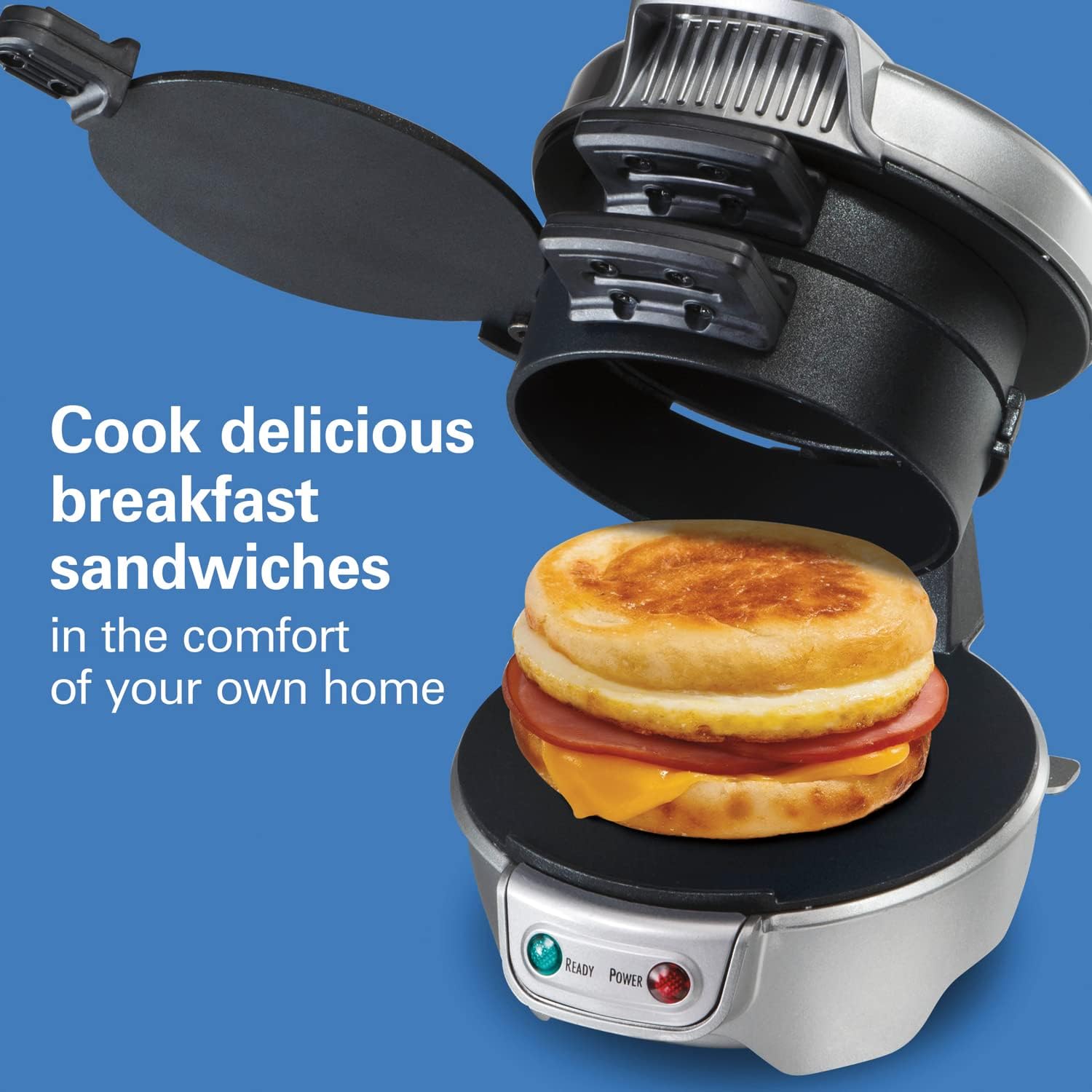 Hamilton Beach - Sandwichera de desayuno con anillo de huevo para cocina, ingredientes personalizados, perfecto para magdalenas inglesas, cruasanes, mini gofres, regalo perfecto de elefante blanco, plata (25475)