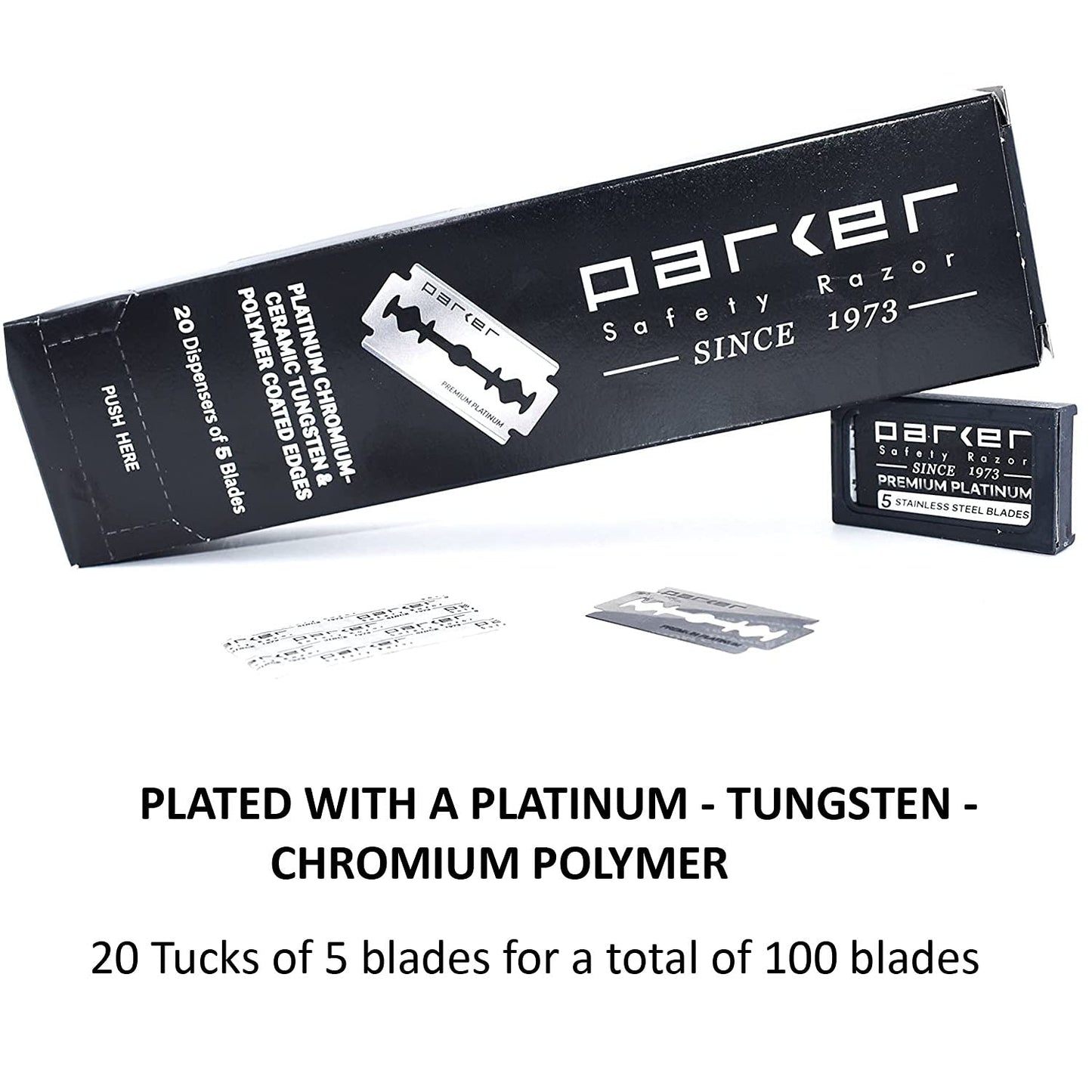 Cuchillas de Afeitar de Seguridad de Doble Filo de Parker, 100 unidades (20 x 5), Cuchillas de Afeitar de Platino Premium con Bordes Recubiertos de Platino, Tungsteno y Cromo