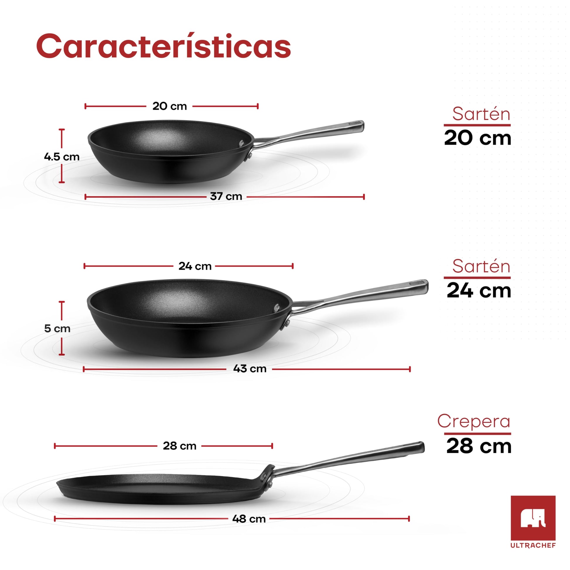 Juego de Sartenes y Crepera ULTRACHEF Diamond Pro Acero Inoxidable Antiadherentes Set de 3 Piezas
