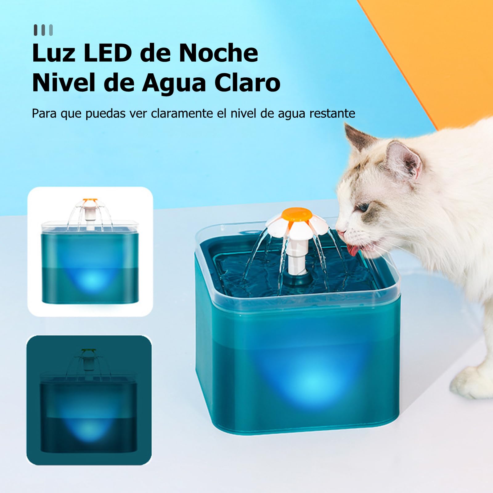 Feiniao Bebedero para Gato, 2L Fuente de Agua para Gato con Luz LED de Nocturna, 3 Modos de Agua, Dispensador de Agua para Gatos Mascotas y Perros Pequeños, Bomba Silenciosa, 2 Filtros de Algodón