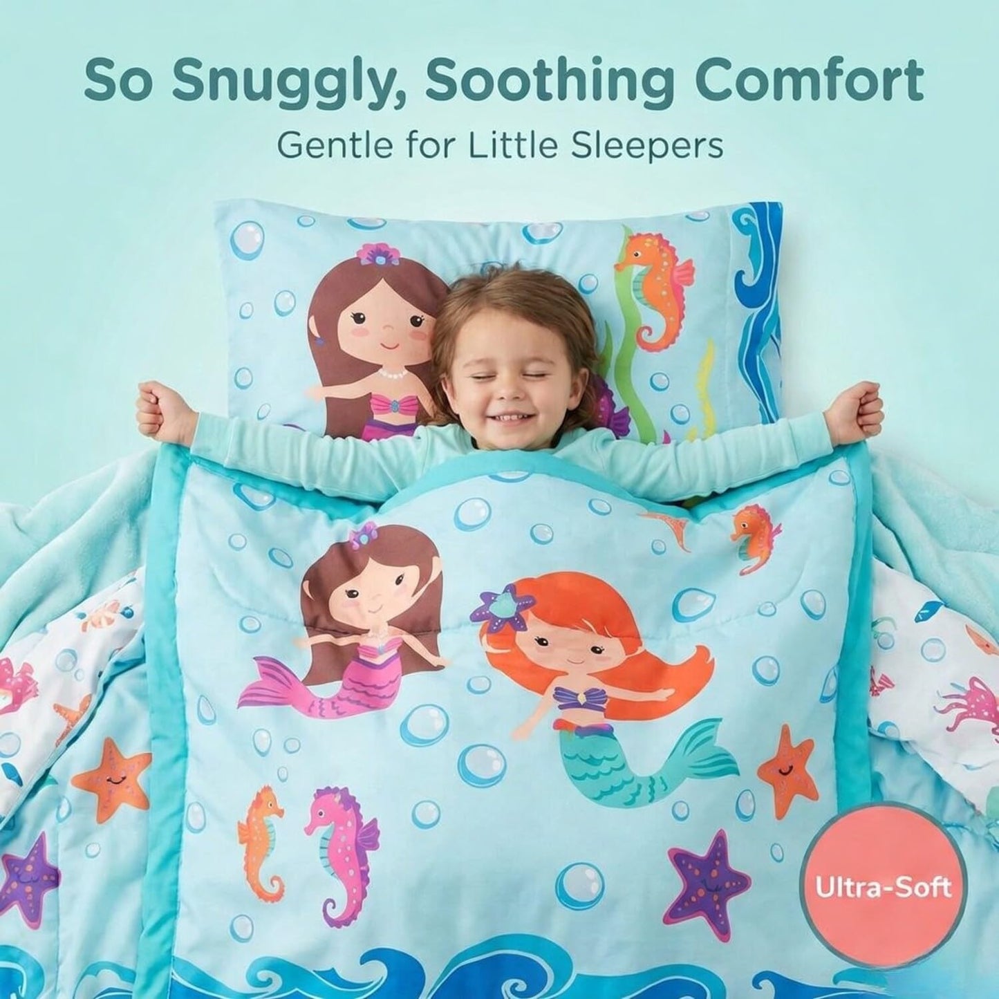 EVERYDAY KIDS Juego de ropa de cama de 4 piezas para niños pequeños -Aventura de Sirenas Submarinas- Incluye edredón, sábana encimera, sábana bajera y funda de almohada reversible