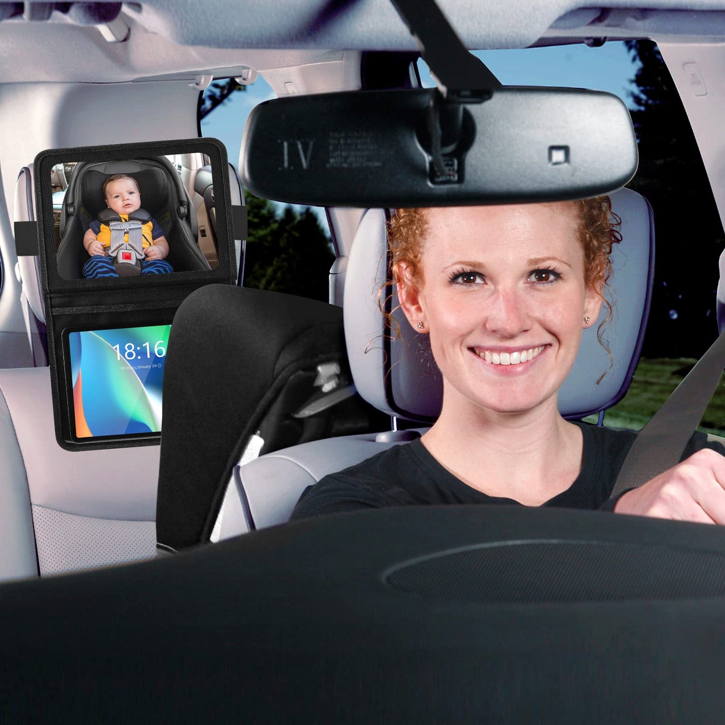 Brislut - Espejo de coche para bebé con soporte ajustable para tabletas, artículos esenciales de viaje por carretera para niños, espejo del asiento trasero para ver la parte trasera del bebé, funda