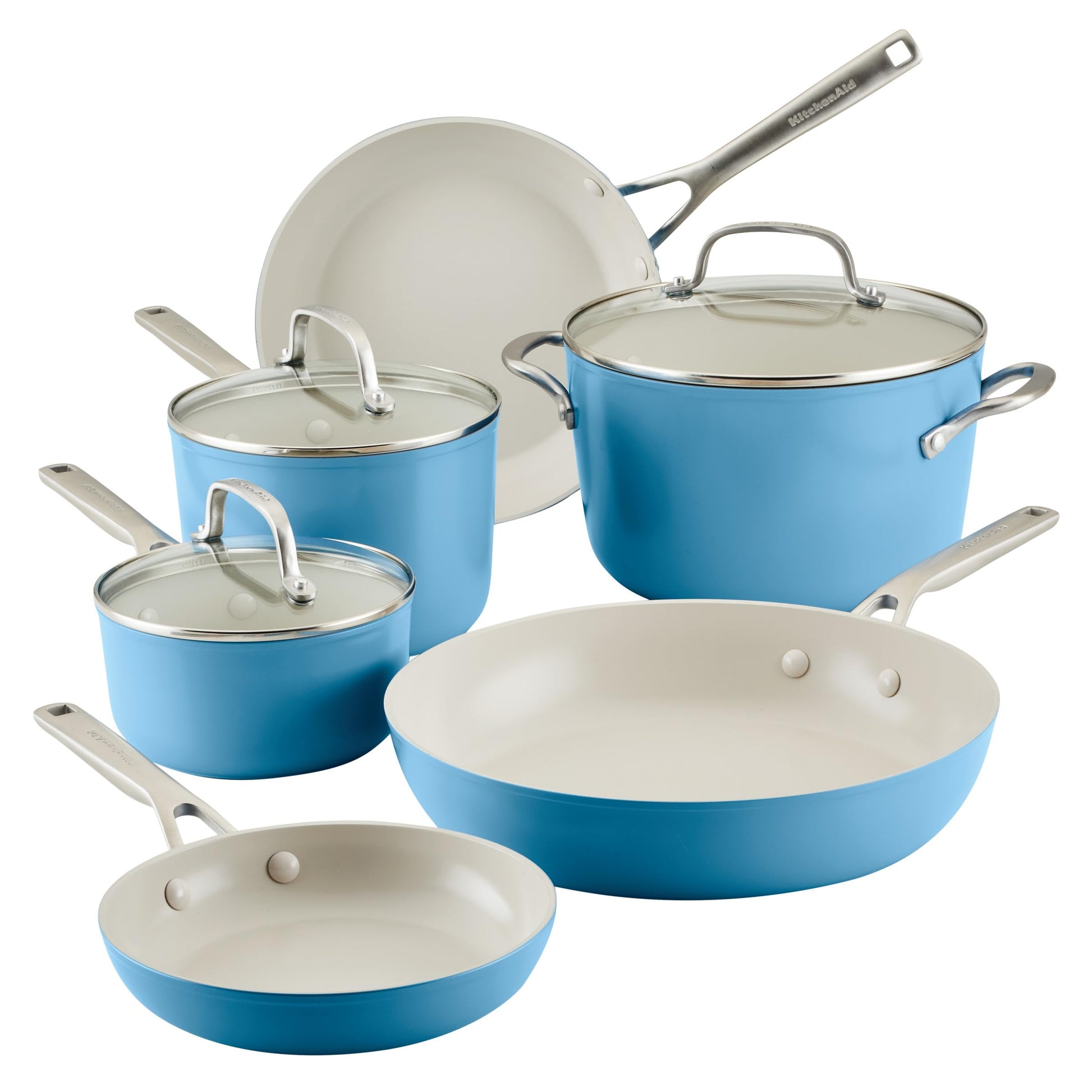 KitchenAid - Juego de utensilios de cocina antiadherentes de cerámica anodizada dura de 9 piezas, incluye sartenes, cacerola, olla de almacenamiento, calefacción duradera, uniforme, apta para horno