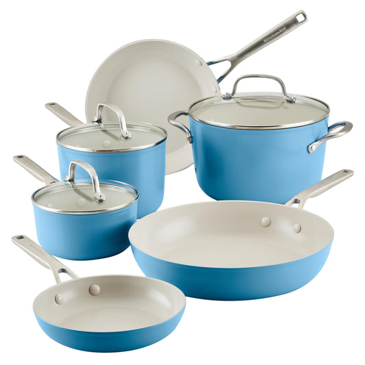 KitchenAid - Juego de utensilios de cocina antiadherentes de cerámica anodizada dura de 9 piezas, incluye sartenes, cacerola, olla de almacenamiento, calefacción duradera, uniforme, apta para horno