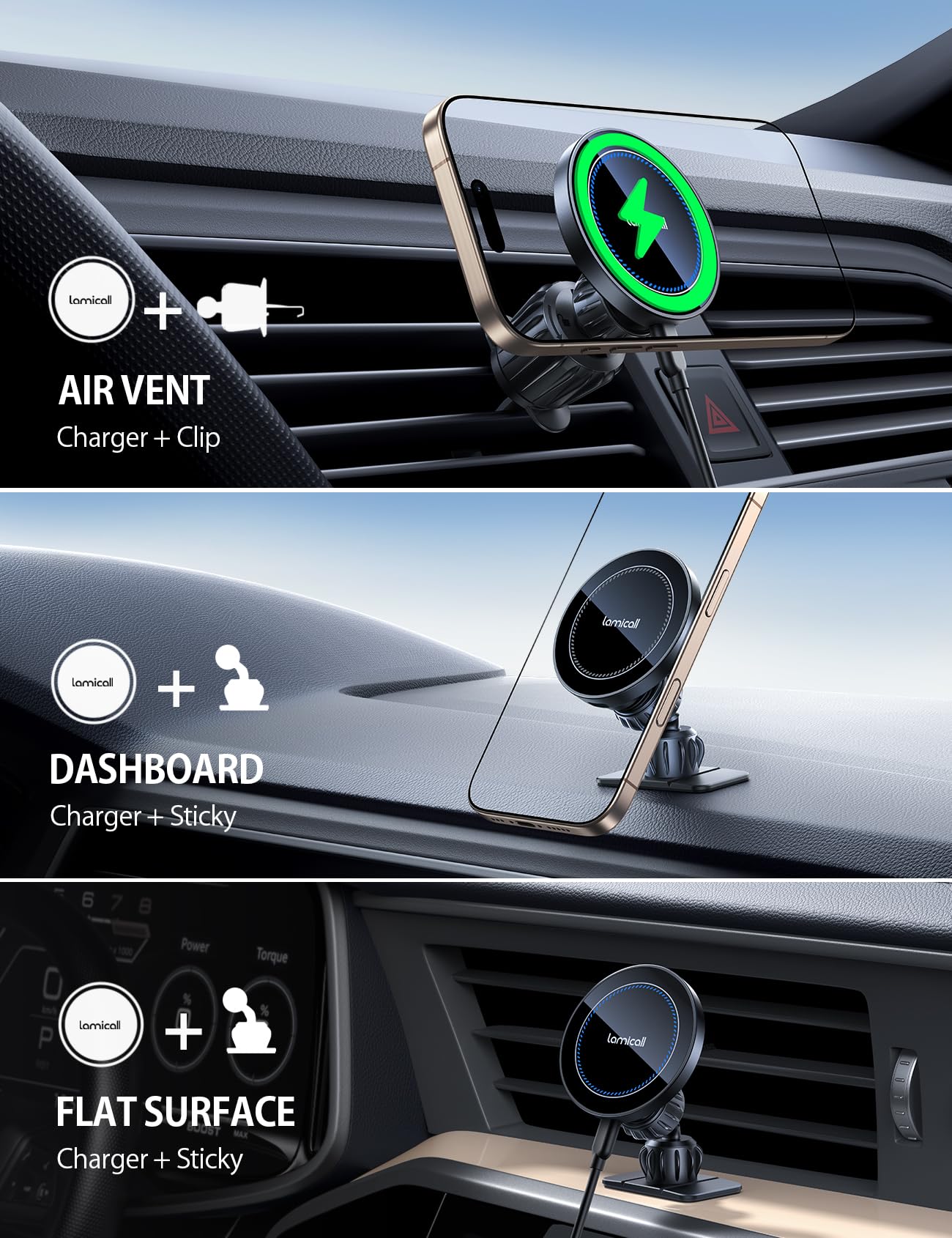 Lamicall mag Safe Cargador Inalámbrico Automovil 15W - [Mejorado Chip Inteligente] [Dash & Vent] 360° Soporte mag Safe para Auto, mag Safe Charger, para iPhone 16 15 14 13 12 mag Safe Case