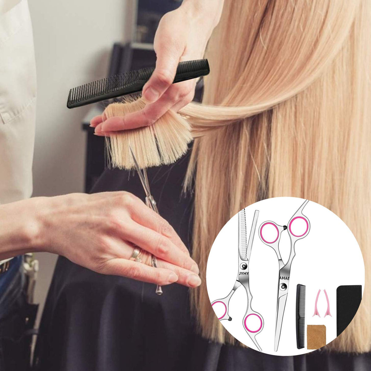 Tijeras profesionales para cortar el pelo, juego de tijeras de peluquería, kit de adelgazamiento de pelo familiar, herramienta de corte de pelo de peluquería, textura de adelgazamiento, rosa, 6 pulgadas