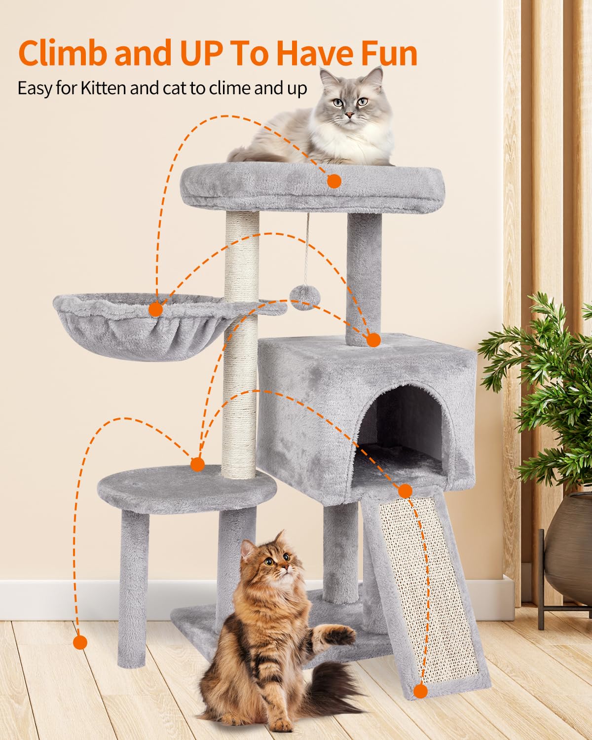 FISH&NAP US09H - Lindo árbol para gatos para interiores, torre para gatos, condominio, sisal, postes rascadores para gatos, torre para gatos, condominio, sisal, postes rascadores con plataforma de salto, muebles para gatos, centro de actividades, casa de