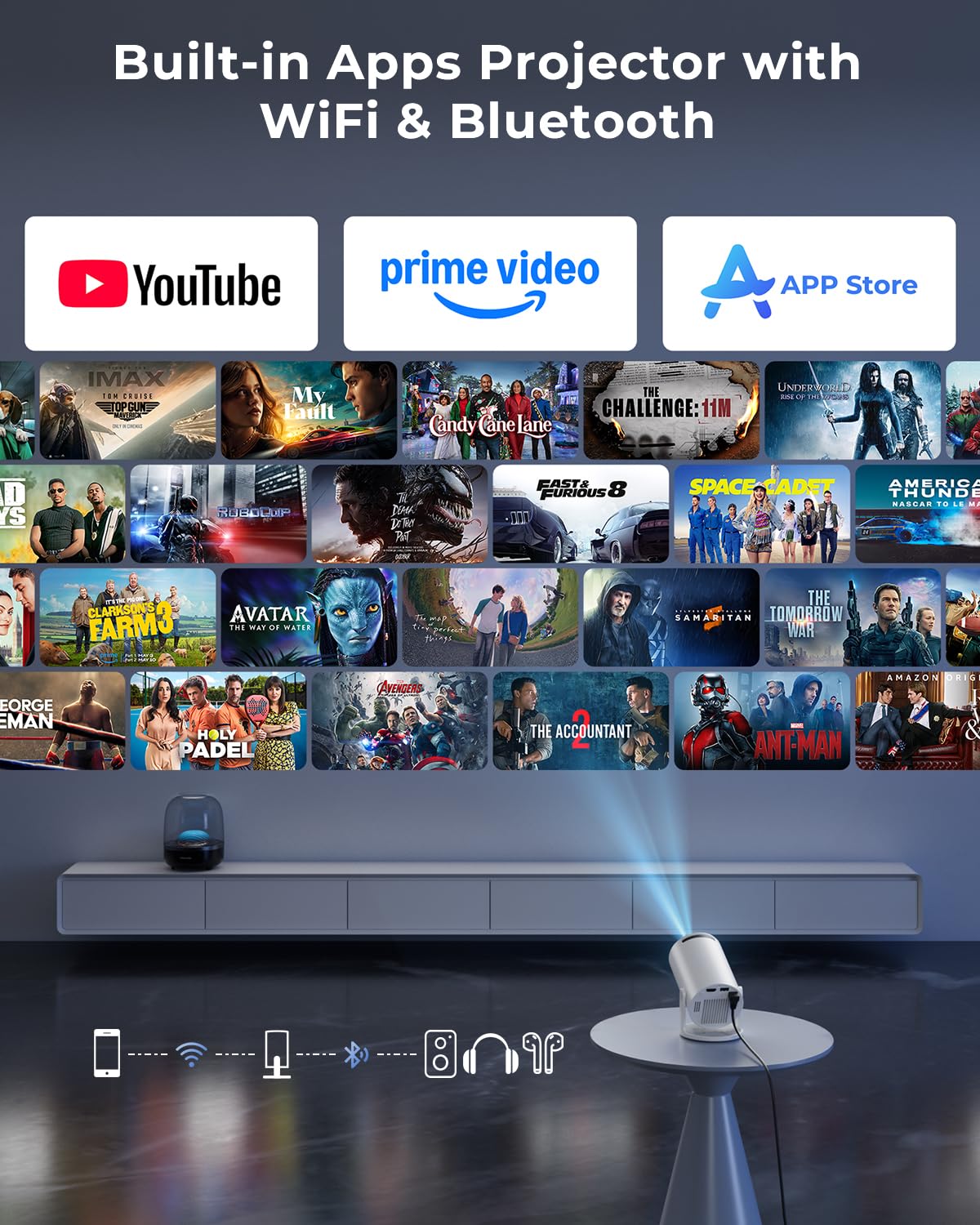 Mini proyector, proyector portátil con WiFi y Bluetooth, aplicaciones integradas, compatible con 4K 1080P, rotación de 180°, piedra clave automática, proyector de película compatible con HDMI/USB/TV