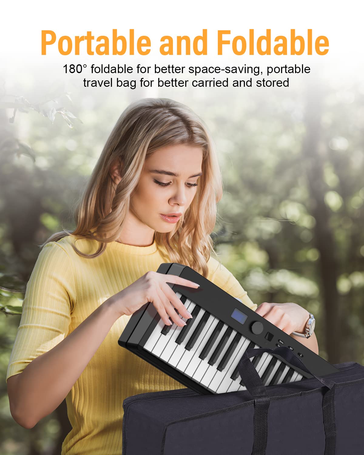 KONIX Teclado de piano plegable, 88 teclas de tamaño completo, teclado de piano plegable semipesado, teclado electrónico portátil Bluetooth con soporte de partitura, pedal sostenible y bolsa de piano,