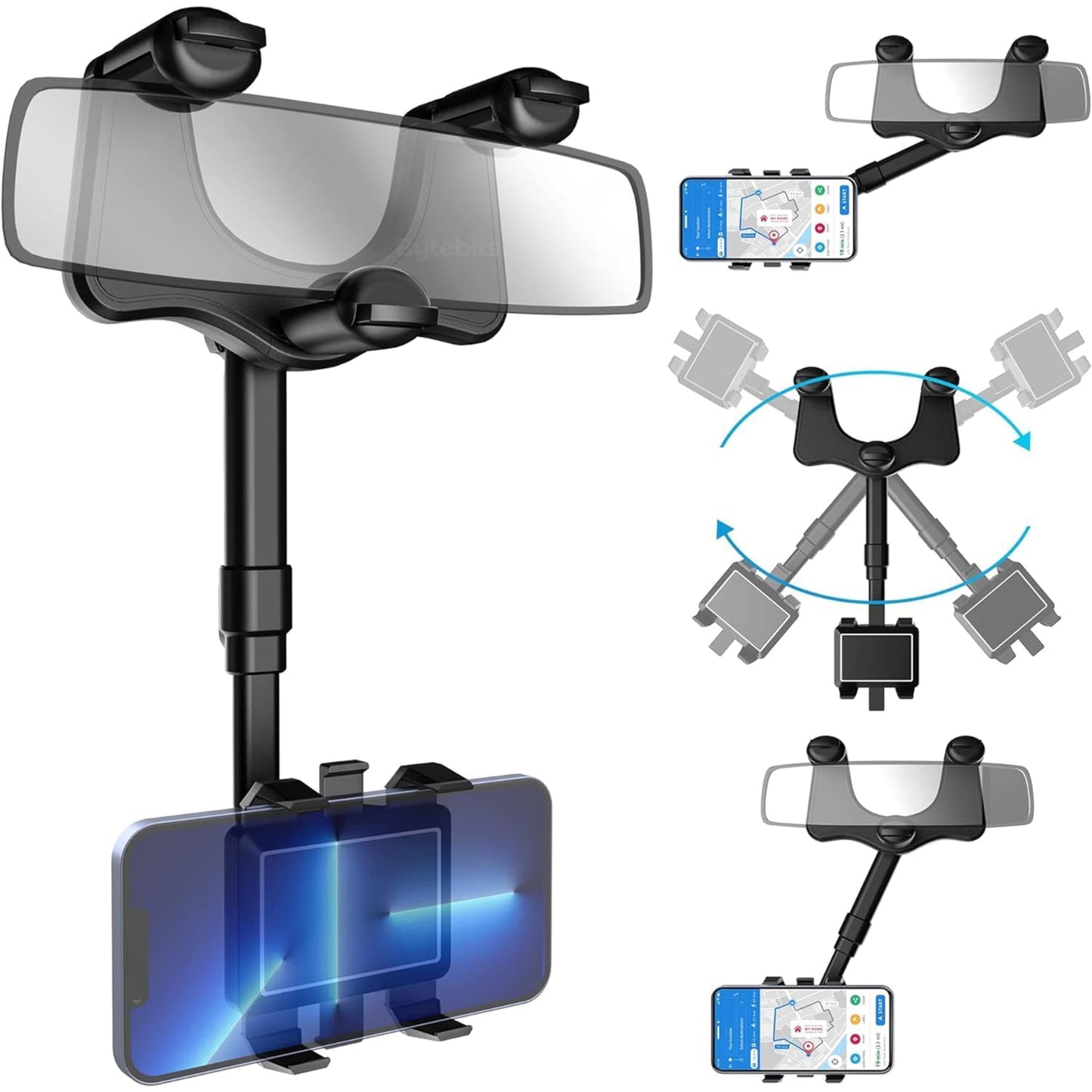 Bytebits Soporte de Retrovisor de Coche Base para Celular Multi ángulo con Rotación de 360 Grados Multi posición Horizontal y Vertical para Espejo de Automóvil Universal