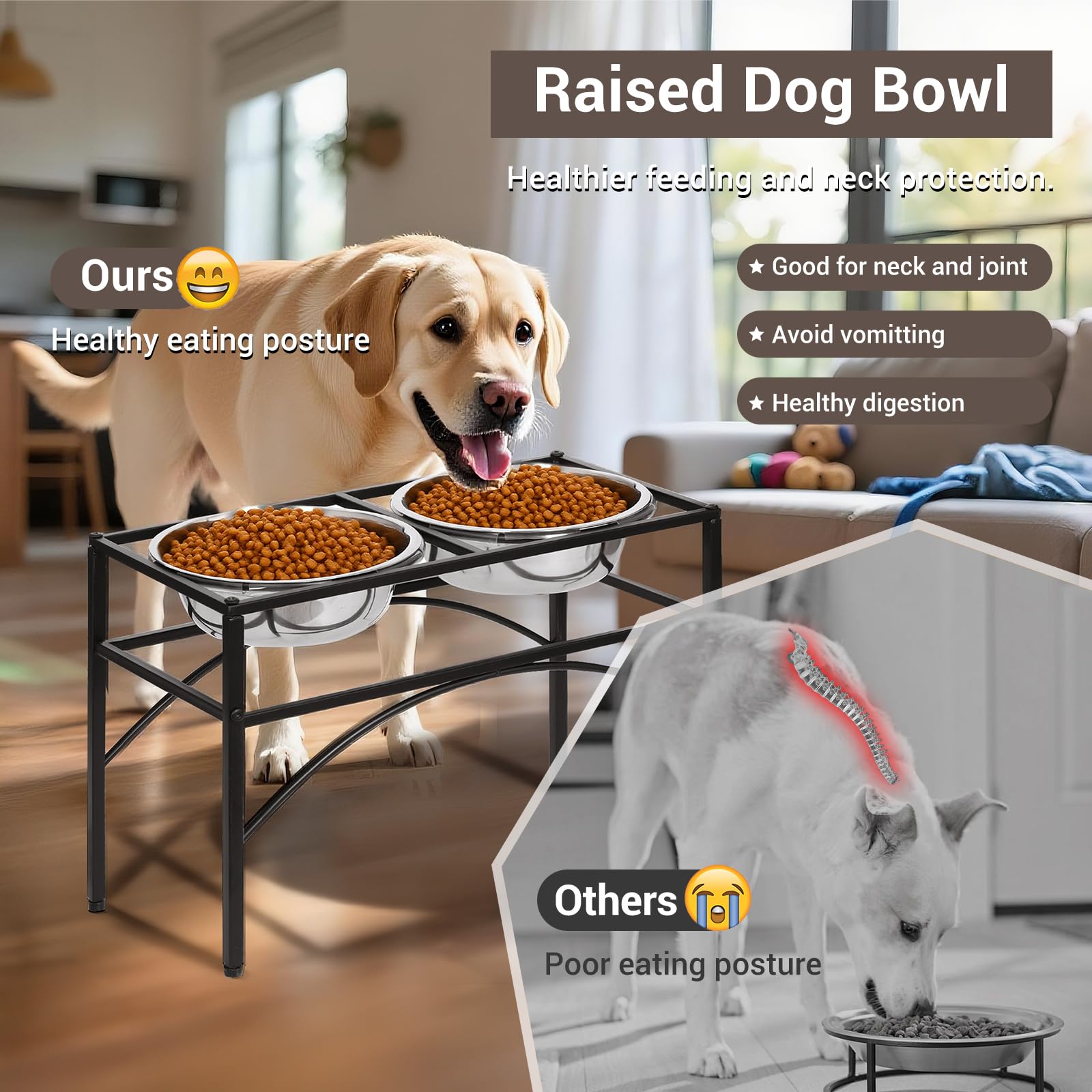 Funkeen Elevated Dog Bowls Raised Pet Feeder Cat Food & Water Diner Stand Set w/ 2 Removable Stainless Steel Bowls (2 Quarts/13.77" in Height)