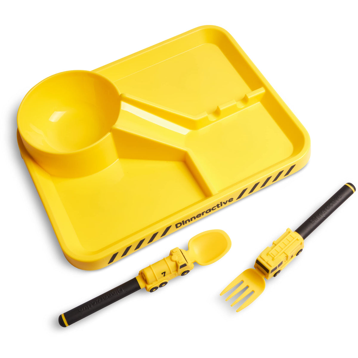 Dinneractive - Juego de comedor para niños, 3 piezas de vajilla amarilla para bomberos - Utensilios para camiones de bomberos - Platos para bebés