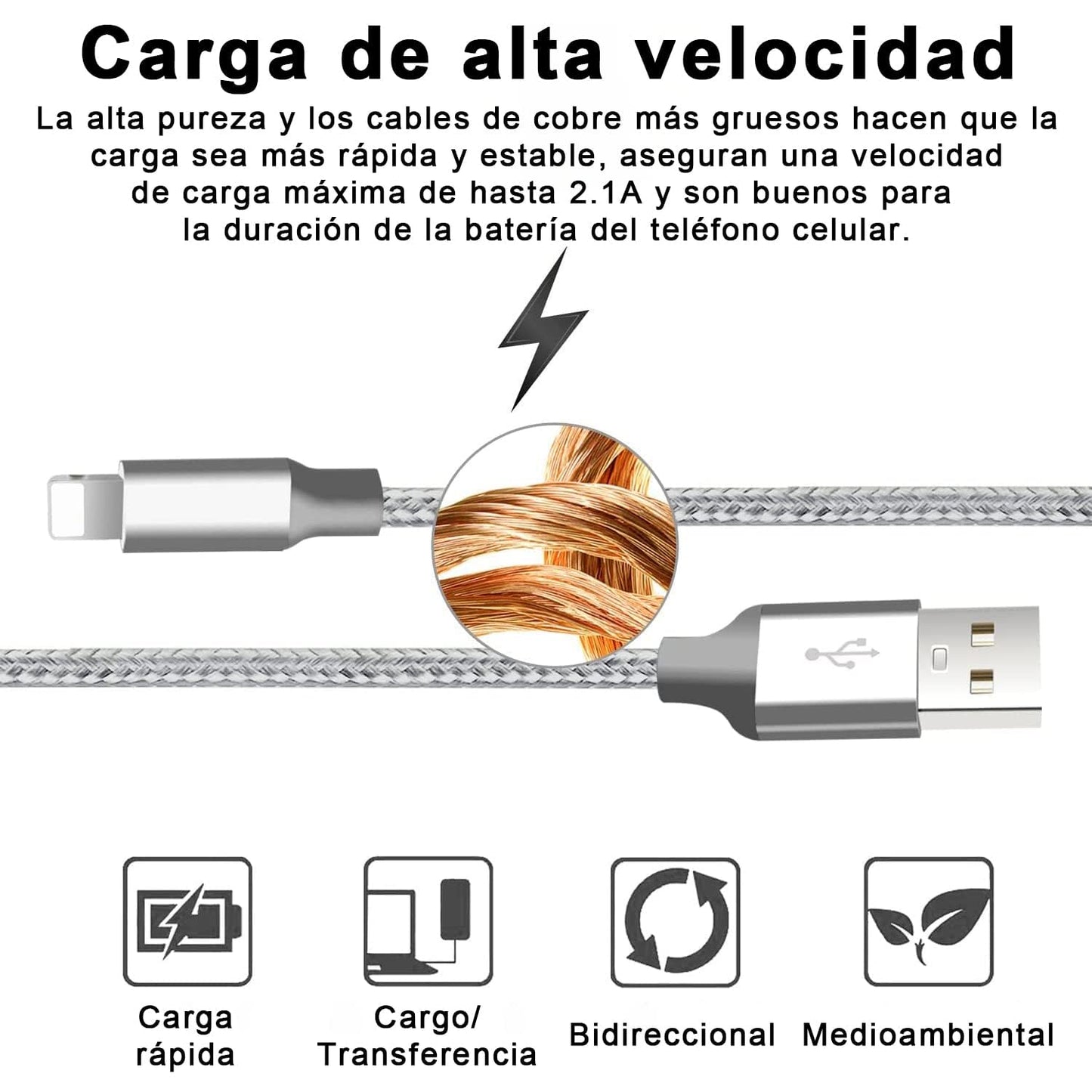 Cable de Carga USB A a Conector Compatible, 3 Pack, Carga Rápida con Nylon Trenzado, Compatible con Serie 14/13/12/11/X/Pro/Max (Gris Claro, 2M)