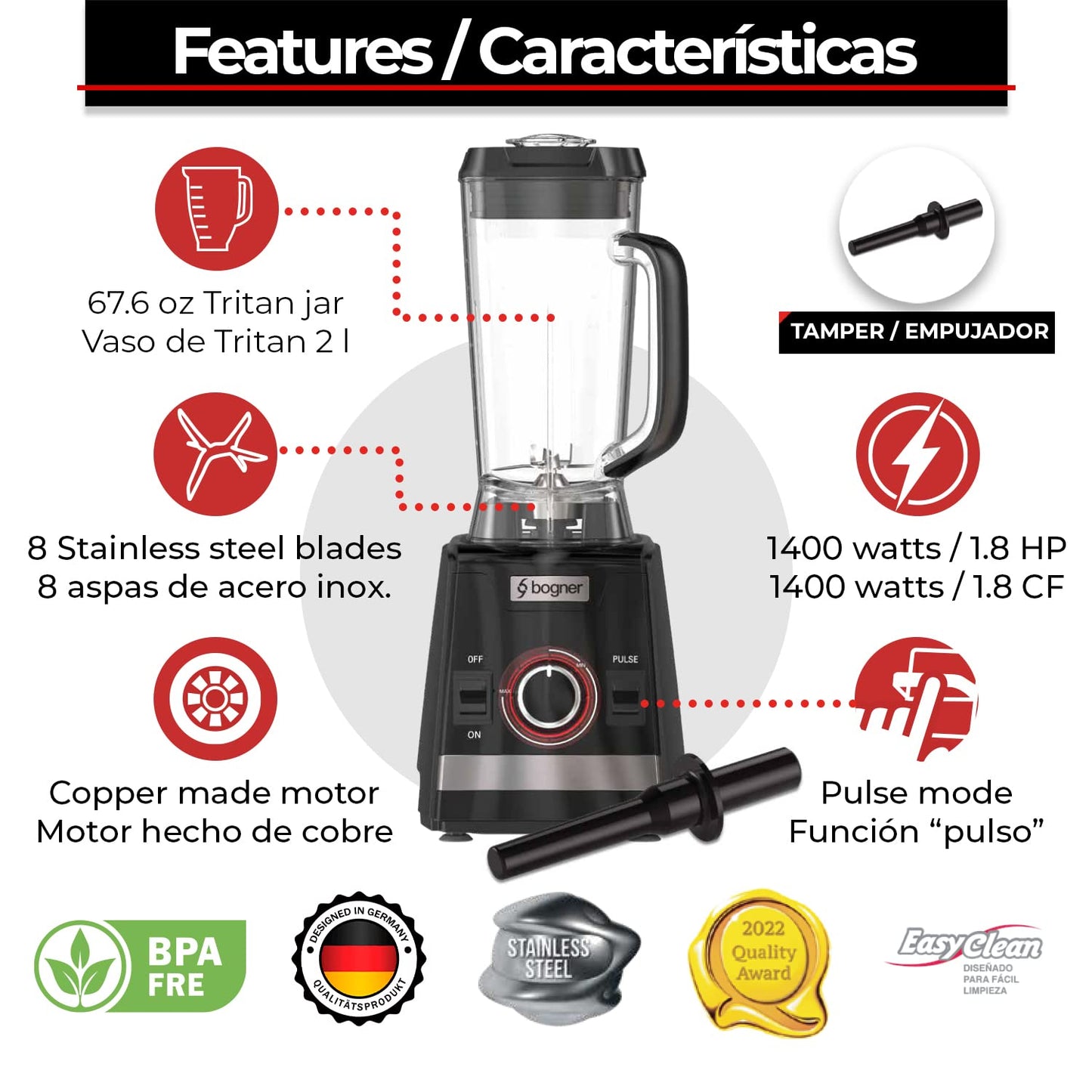 BOGNER Combo licuadora de uso rudo,1400W c/vaso de tritán extra de 2L Incluye tamper. Licuadora para casa o negocio, 8 cuchillas de acero inox