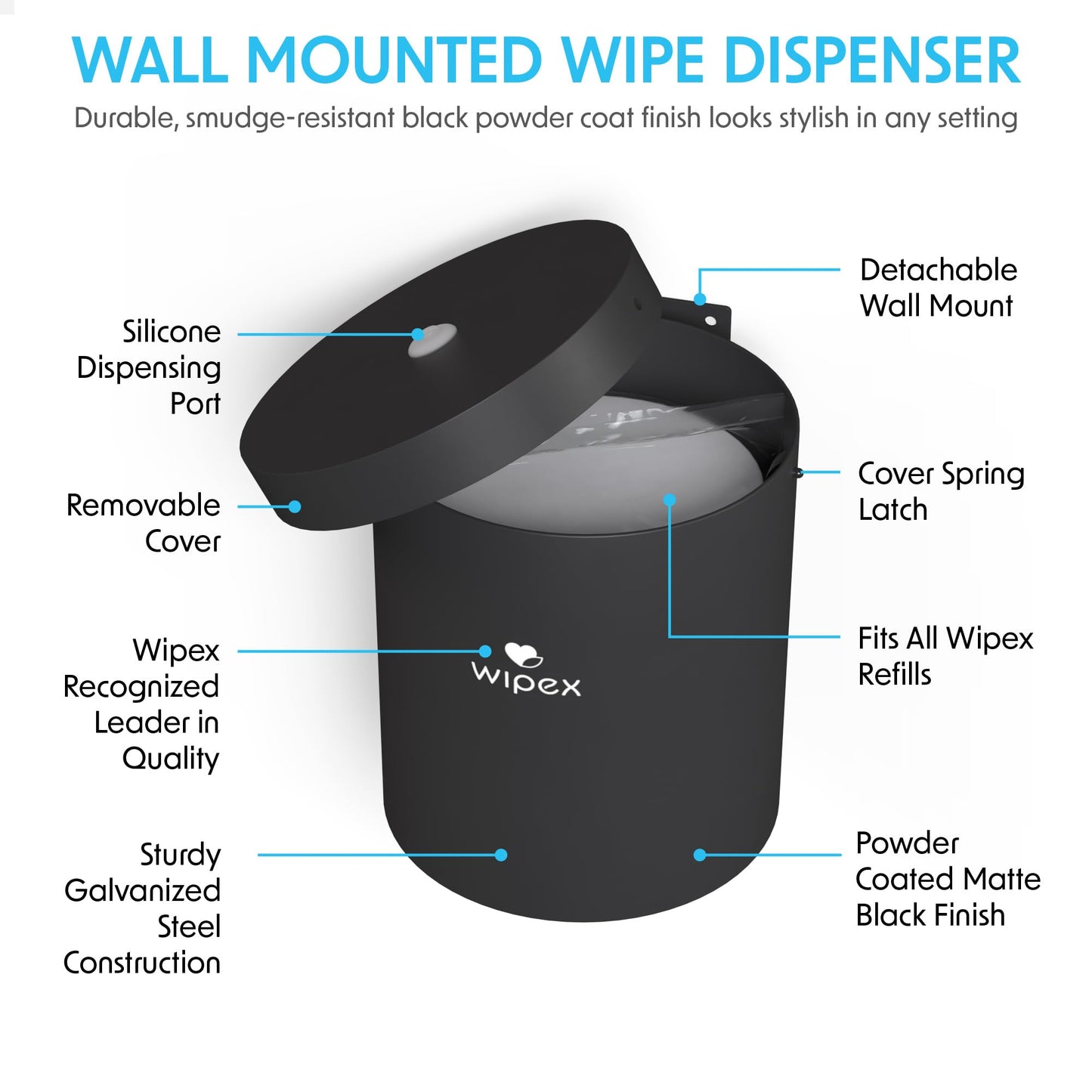 Wipex - Dispensador de pared para toallitas húmedas negras: acero duradero y puerto de silicona premium, dispensador de pared fácil de montar para toallitas de gimnasio, se adapta a rollos de repuesto