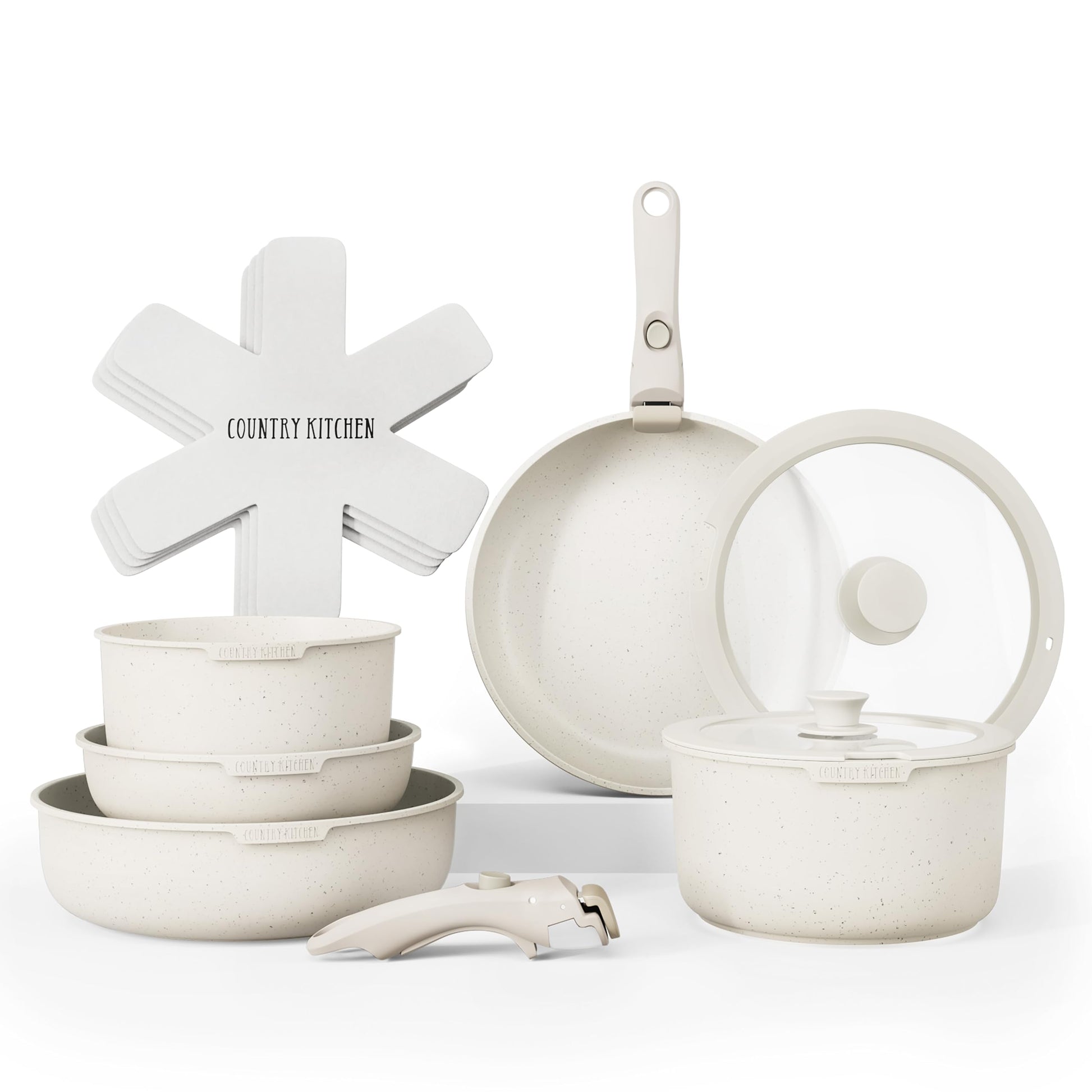 Country Kitchen Juego de ollas y sartenes de 13 piezas juego de utensilios de cocina antiadherentes mango desmontable juego de utensilios de cocina RV apto para lavaplatos/horno (crema), YFAC13RH CRM