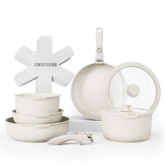 Country Kitchen Juego de ollas y sartenes de 13 piezas juego de utensilios de cocina antiadherentes mango desmontable juego de utensilios de cocina RV apto para lavaplatos/horno (crema), YFAC13RH CRM