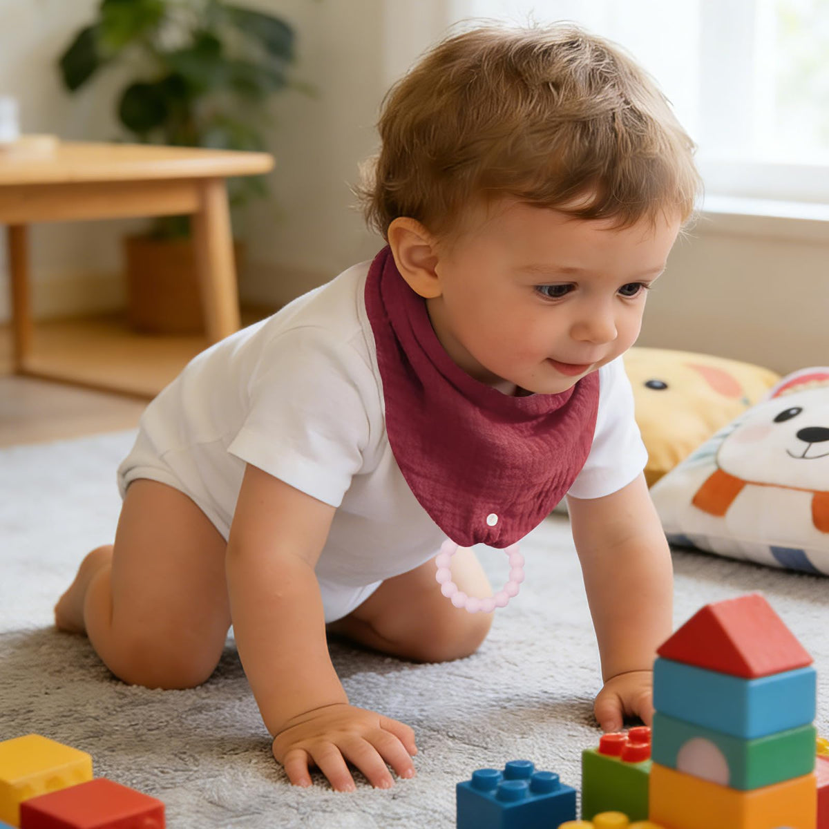 CUXFLS - Paquete de 6 baberos y juguetes de dentición, 100% algodón orgánico, absorbente, suave, unisex para 0 a 24 meses, material de seguridad de silicona para recién nacidos y niños pequeños