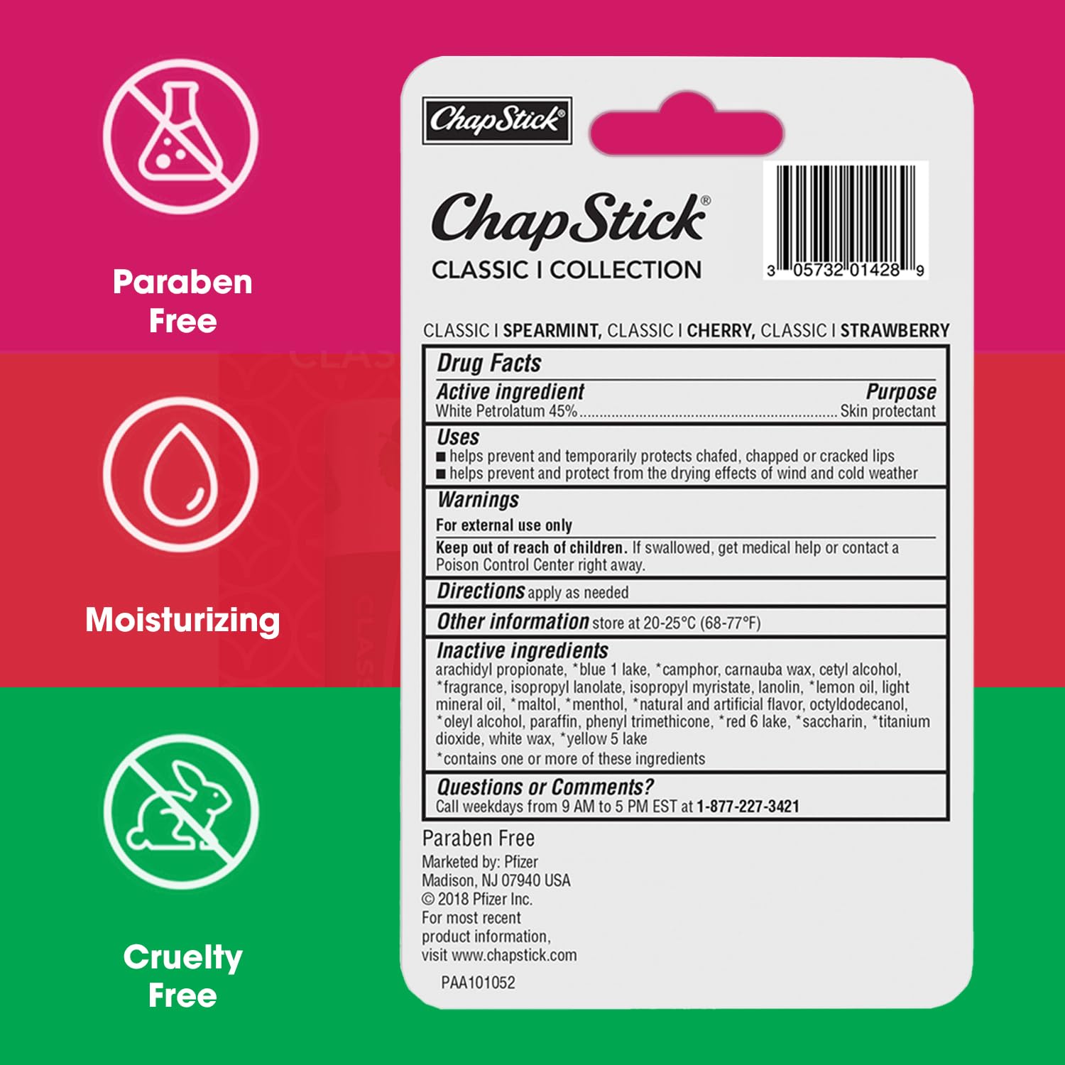 ChapStick Classic (3 Sticks) Cherry, Strawberry & Spearmint Flavor Skin Protectant Flavored Lip Balm Tube, 0.15 Ounce Each