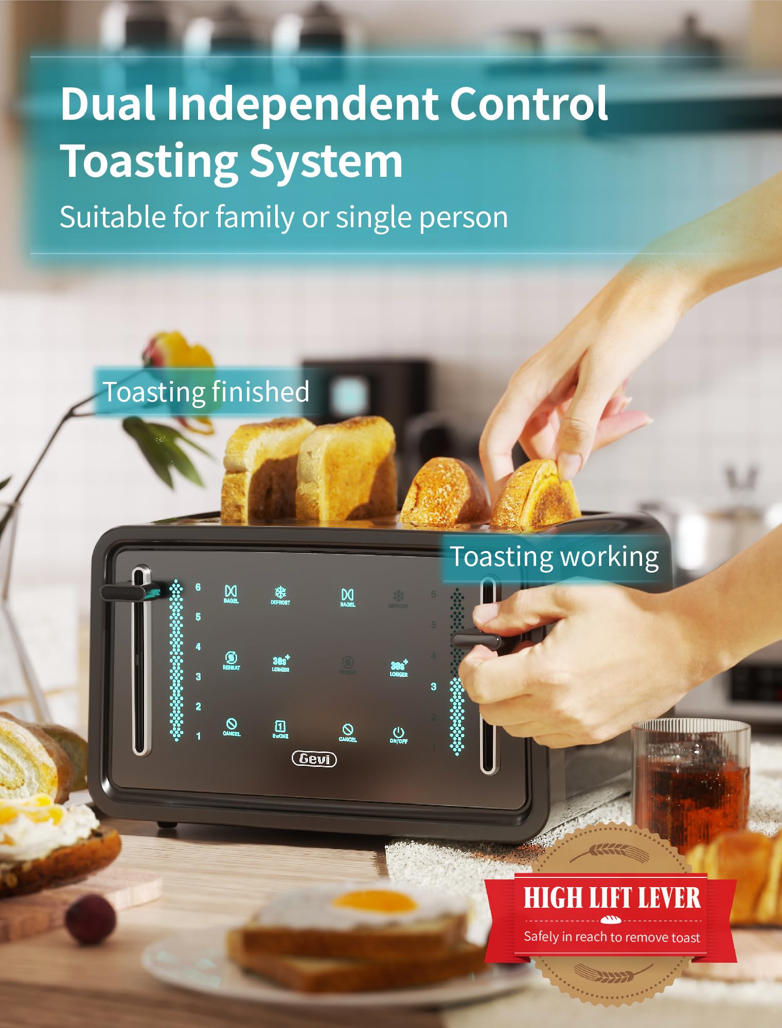 Gevi tostador de 4 rodajas, visualización LED táctil tostador de bagel con paneles de control dual de bagel/recalentamiento/descongelación/cancelación/tostado una rebanada/función más larga, ajuste de 6 tonos